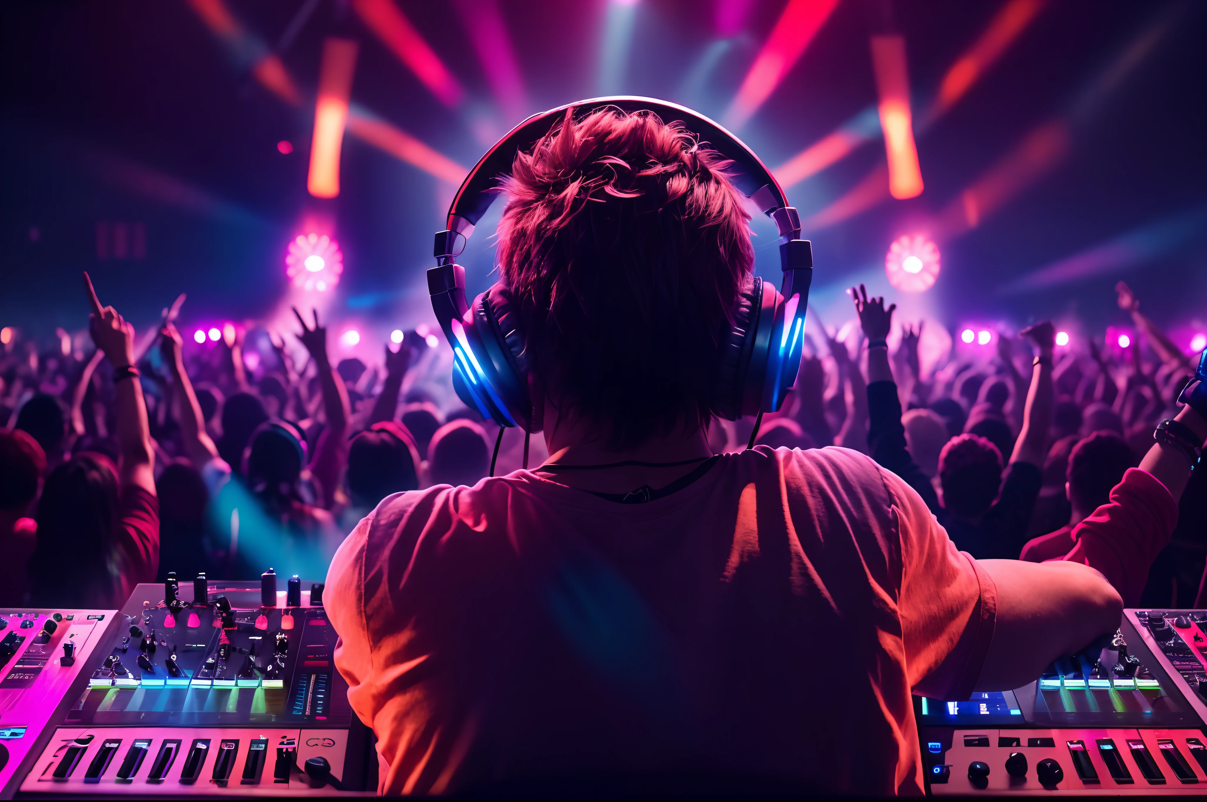 Upper body, (DJ with headphones and microphone: 1,4), mixing console, performing at a vibrant (music festival: 1,2) with (energy people: 1,1) and (stage lights colorful: 1.1),(cinematic lighting), RAW photo, 8K