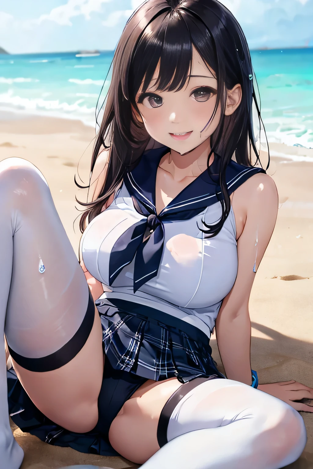 (8K、RAW photo、highest quality)、detailed background、beautiful and detailed face、beautiful and smooth skin、skin texture、professional lighting、Cute beautiful Iful Girl、、cute hairstyle、(big breasts:1.3)、white thin wet sexy sailor suit、white sailor collar、Pleated miniskirt with cute check pattern、Sexy Pantyhose、My clothes are wet and transparent、the whole body is wet、Lying on the sandy beach、Show 1&#39;~ side、emphasize the chest、open your legs、look at me with a sexual expression、smile