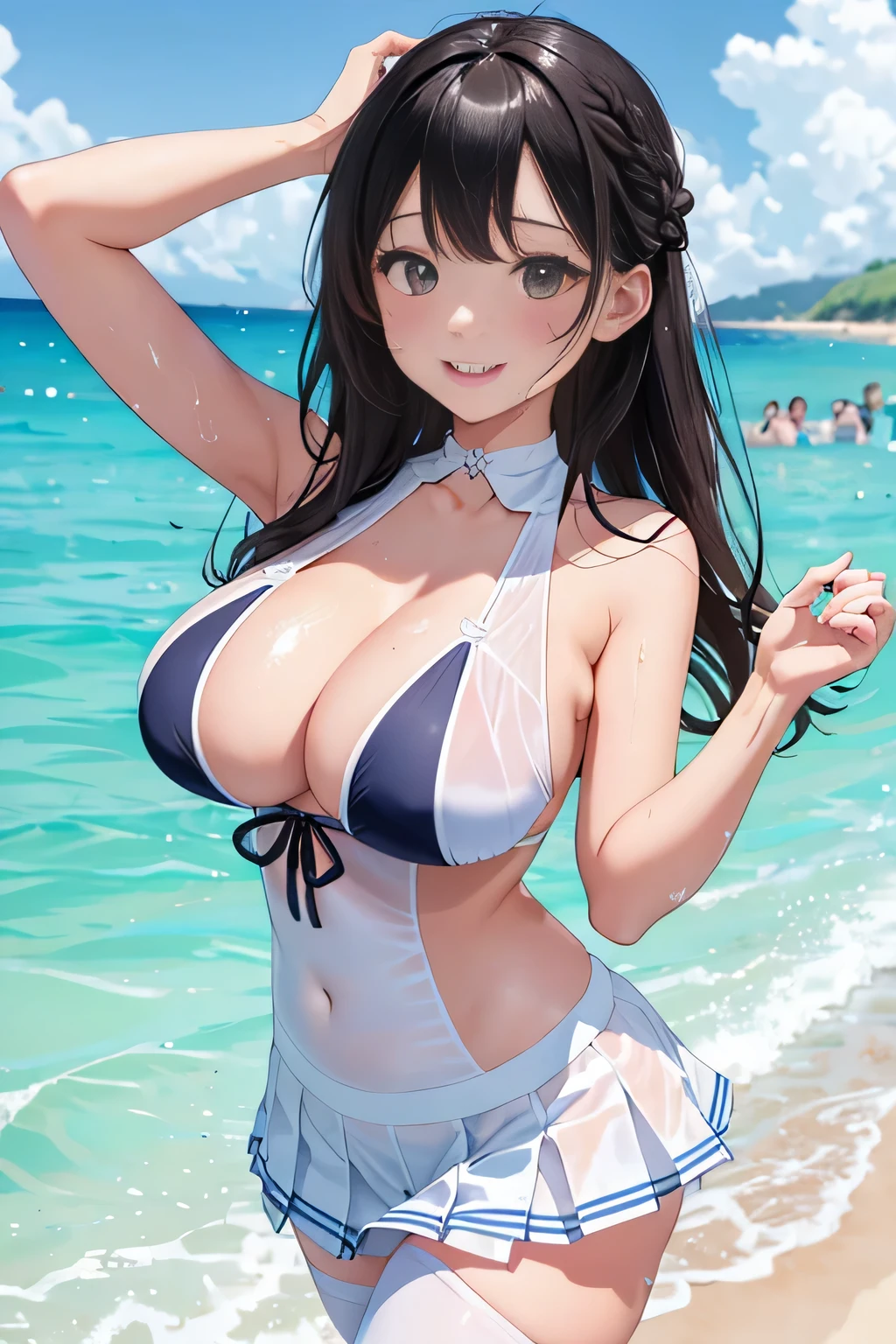 (8K、RAW photo、highest quality)、detailed background、beautiful and detailed face、beautiful and smooth skin、skin texture、professional lighting、Cute beautiful Iful Girl、、cute hairstyle、(big breasts:1.3)、white thin wet sexy sailor suit、white sailor collar、Pleated miniskirt with cute check pattern、Sexy Pantyhose、My clothes are wet and transparent、the whole body is wet、Lying on the sandy beach、Show 1&#39;~ side、emphasize the chest、open your legs、look at me with a sexual expression、smile