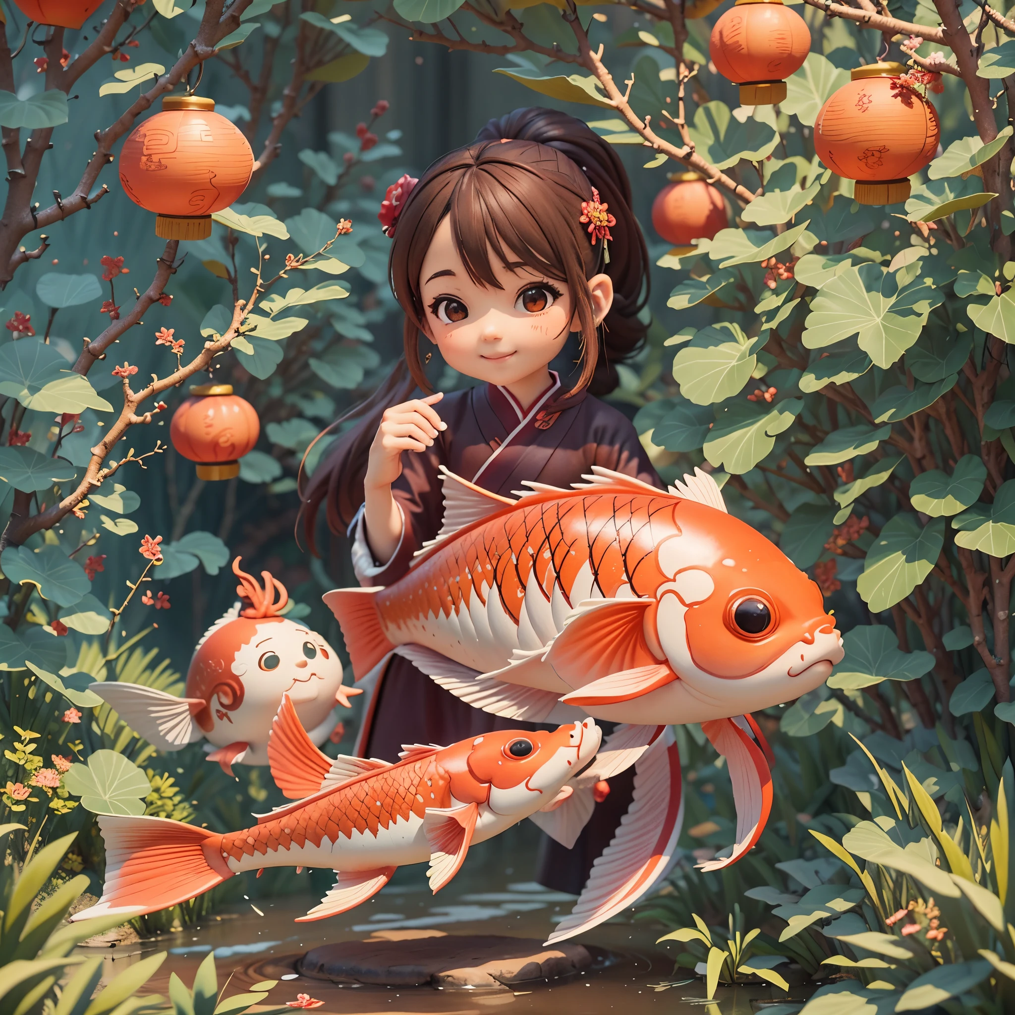 (masterpiece,quality,Best quality,official art,Beauty and aesthetics:1.2),(1 cute girl:1.3),alone,Brown double ponytail,hair accessories, (Chinese fabric:1.2), Hanfu,Smile,happy,Happy,CNY,Welcome the winter solstice,The content is very detailed,(fractal art:1.1),(a color:1.1)(Red carp swimming in the air:1.3),Big red lanterns hung high,( tangled:1.2), (dynamic poses), (abstract background:1.3), (skin glowing), (Many colors:1.2), Decorative painting:1.3,),light,ink画和ink画,ink,red background,