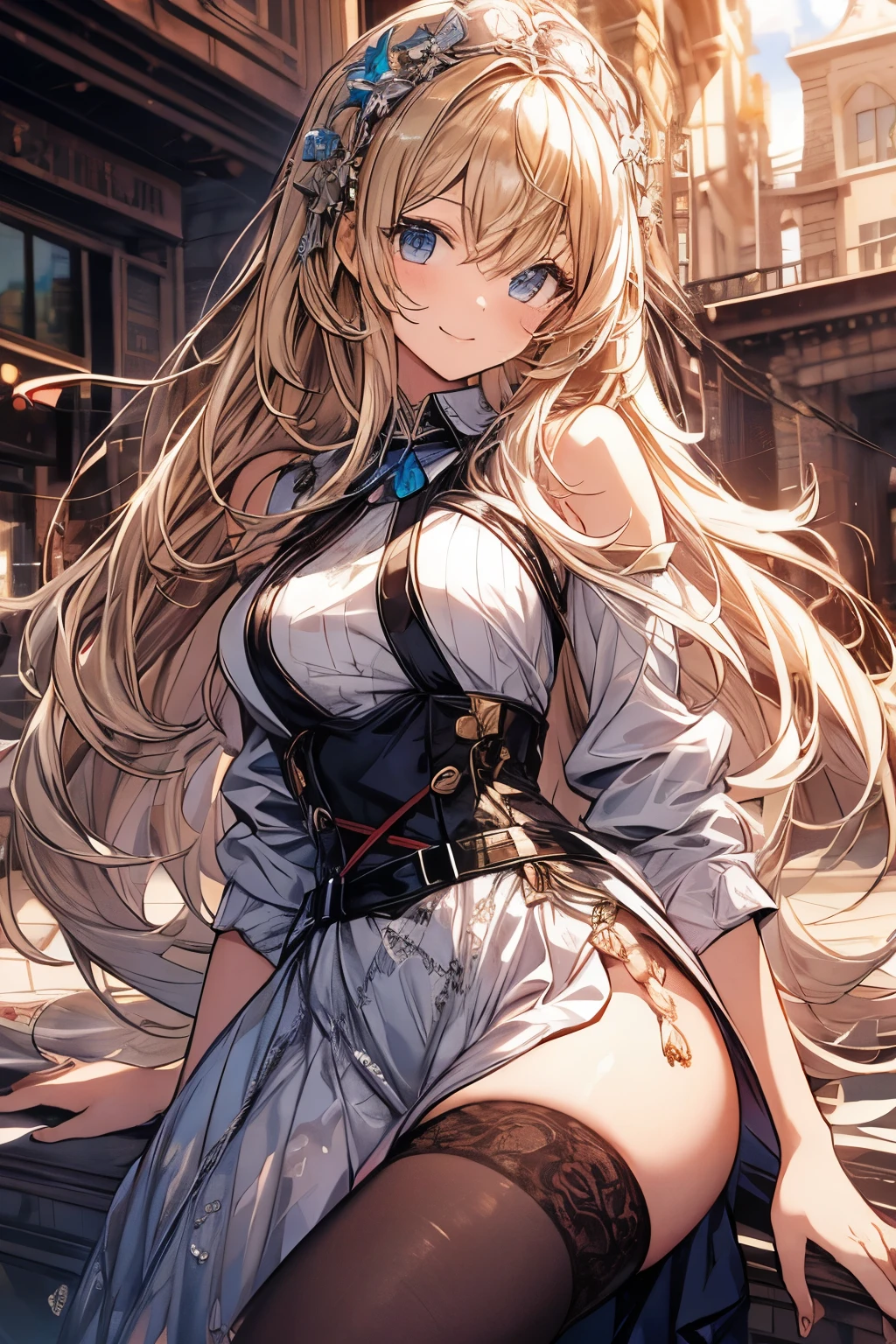 (masterpiece, best quality:1.2), cowboy shot, solo, 1girl, sheryl nome, smile, closed mouth, looking at viewer, dress, skirt, thighhighs, blonde hair