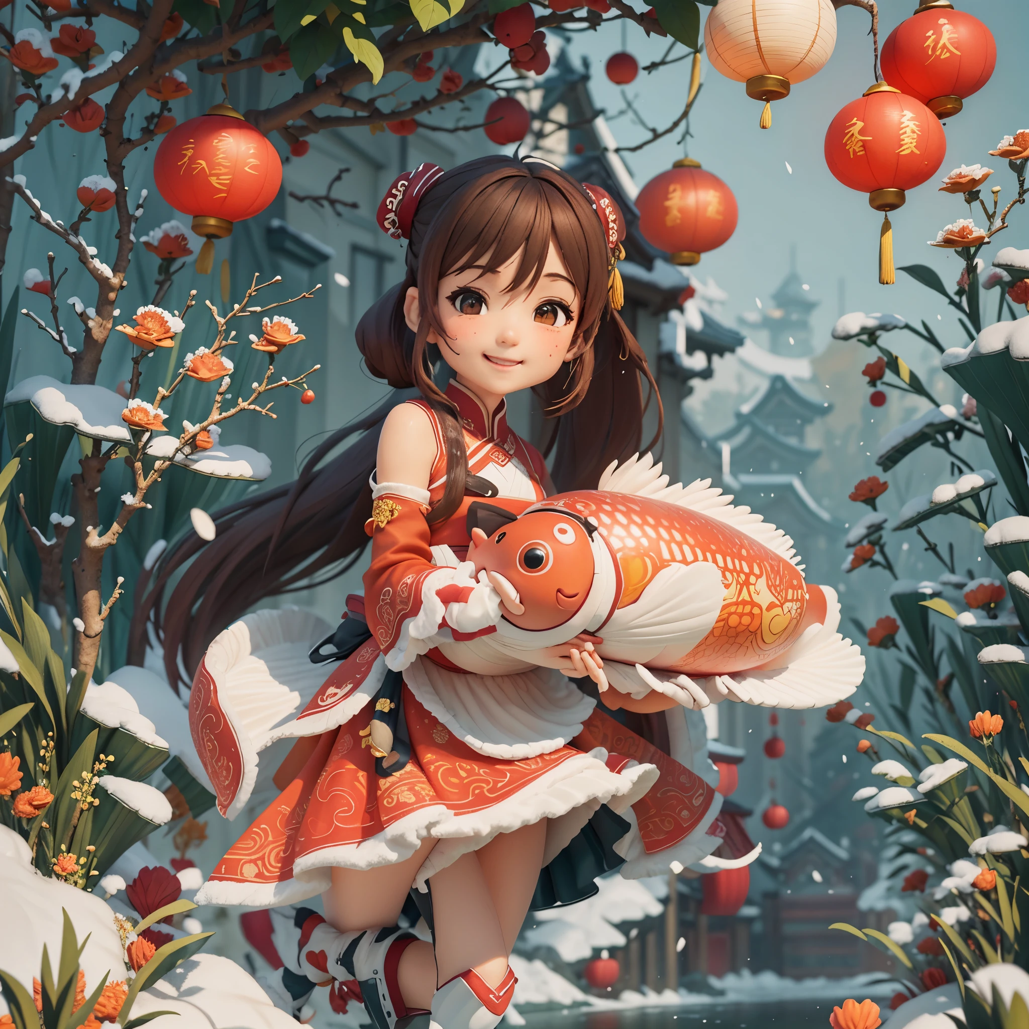 （masterpiece，quality，Best quality，official art，Beauty and aesthetics：1.2），（1 cute girl：1.3），alone，Brown double ponytail,hair accessories, (Chinese fabric:1.2), Hanfu，Smile，happy，Happy，CNY,Welcome the winter solstice，The content is very detailed，（fractal art：1.1），（a color：1.1）（Red carp swimming in the air：1.3），Big red lanterns hung high，（ tangled:1.2), (dynamic poses), (abstract background:1.3), (skin glowing), (Many colors:1.2), Decorative painting：1.3，），light,ink画和ink画，ink，red background，