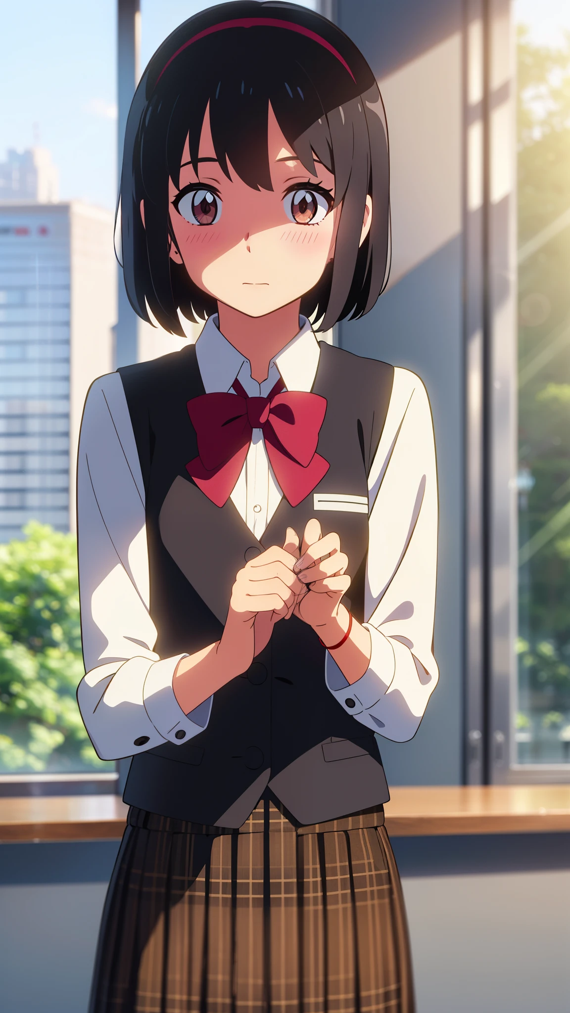 shinkai makoto, kimi no na wa., 1girl, bangs, black hair, blush, brown eyes, shiny skin, red headband, red ribbon, red bow, White dress shirt, vest, skirt, plaid skirt, looking at the viewer, short hair, cute, solo, best quality, hires, office, buildings from window, detailed background, diffused sunlight, depth of field, bokeh