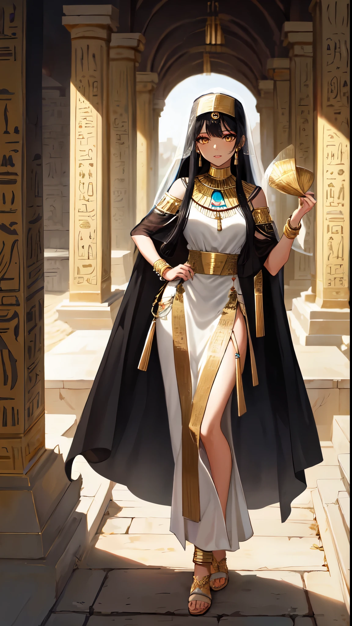 (brown skin)long black hair,Standing close-up,Ancient Egypt Temple,Mature beauty,wheat colored skin,Qi bangs,golden eyes,(eye shadow,makeup feel),Ancient Egyptcivilization,Temple Background,(Amun statue,grand temple,Epic feeling:2.0),A wide range of jewelry,(Style white long skirt,priestess dress,veil:2.0),necklace,her wheat-colored skin,Exotic,barefoot,Gemstone anklets,Detailedly drawn backgrounds