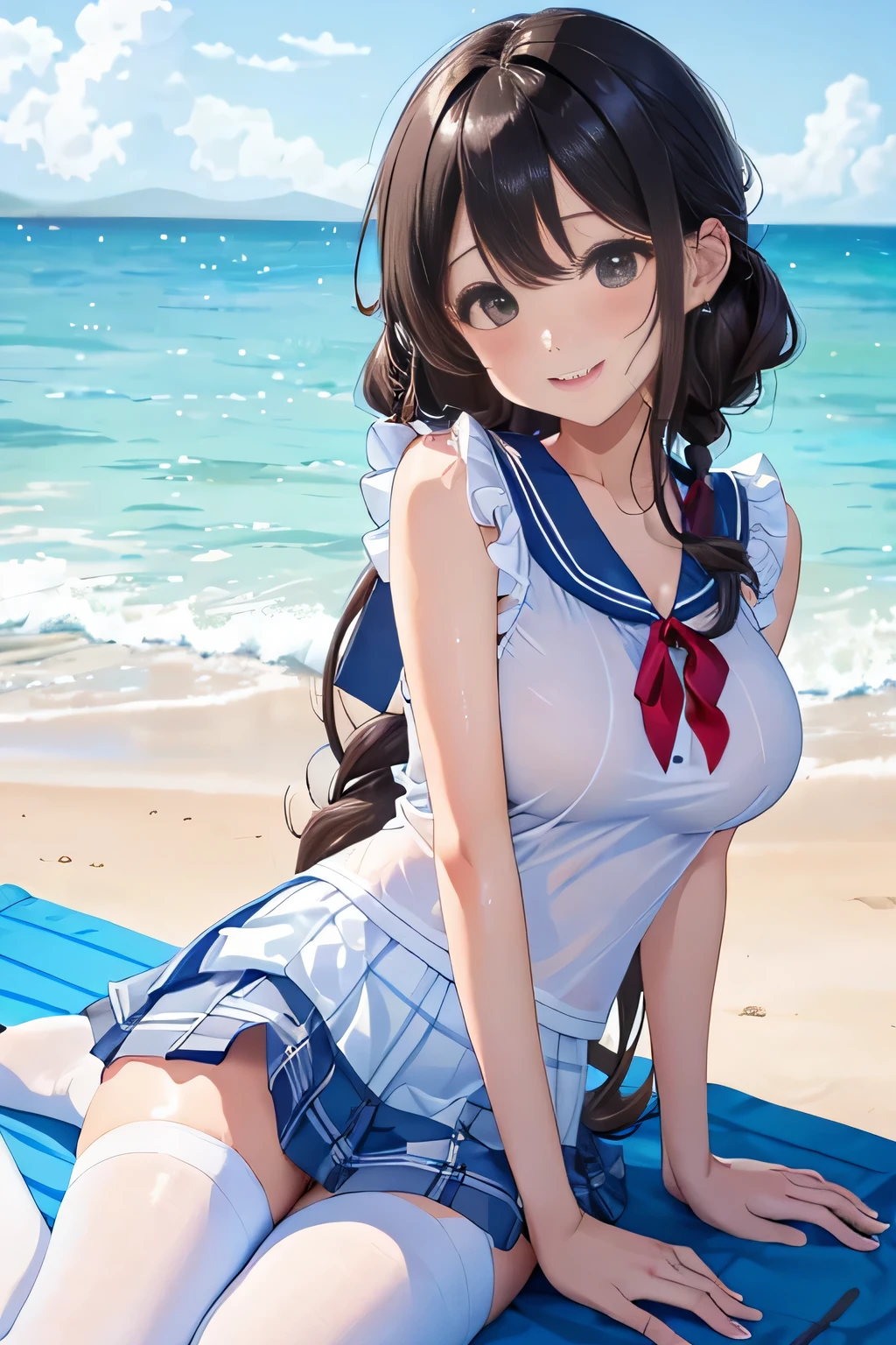 (8K、RAW photo、highest quality)、detailed background、beautiful and detailed face、beautiful and smooth skin、skin texture、professional lighting、Cute beautiful Iful Girl、、cute hairstyle、(big breasts:1.3)、white thin wet sexy sailor suit、white sailor collar、Pleated miniskirt with cute check pattern、Sexy Pantyhose、My clothes are wet and transparent、the whole body is wet、Lying on the sandy beach、Show 1&#39;~ side、emphasize the chest、open your legs、look at me with a sexual expression、smile