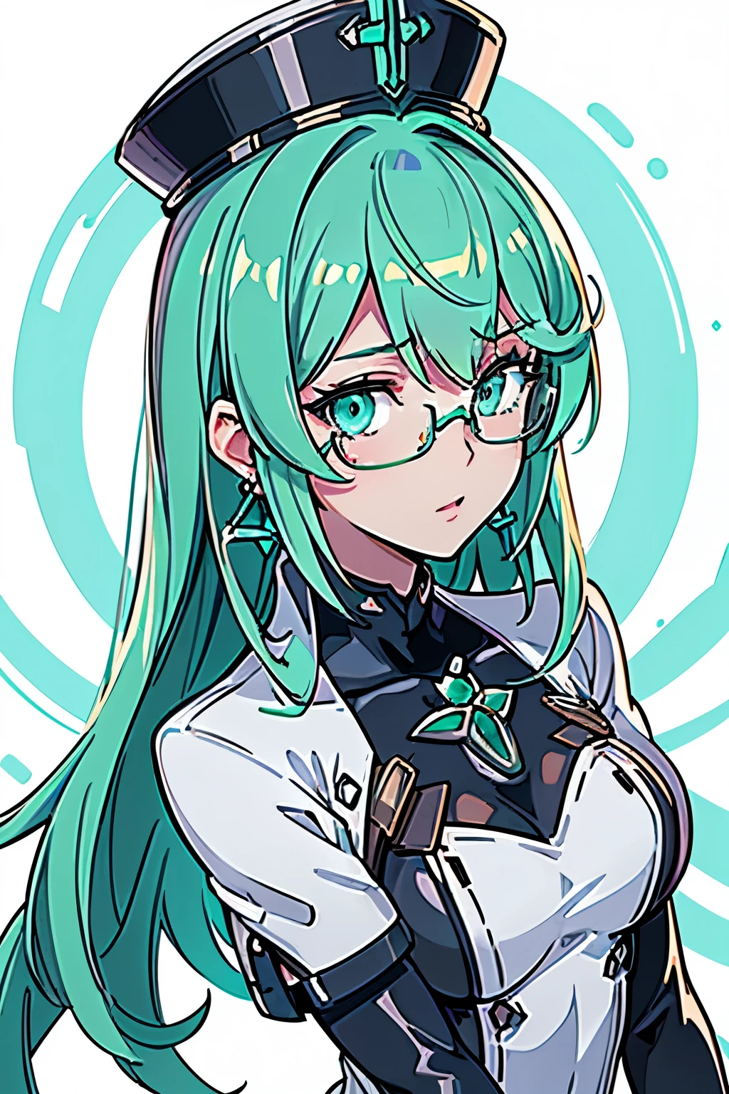 Anime, Girl, (((1girl))), (((Waifu, Xenoblade Chronicles 2, Pneuma Waifu))), (((Seafoam Green Hair, Long Hair))), ((Seafoam Green Eyes eyes:1.3, Upturned Eyes: 1, Perfect Eyes, Beautiful Detailed Eyes, Gradient eyes: 1, Finely Detailed Beautiful Eyes: 1, Symmetrical Eyes: 1, Big Highlight On Eyes: 1.2)), (((Lustrous Skin: 1.5, Bright Skin: 1.5, Skin Fair, Shiny Skin, Very Shiny Skin, Shiny Body, Plastic Glitter Skin, Exaggerated Shiny Skin, Illuminated Skin))), (Detailed Body, (Detailed Face)), Young, Idol Pose, (Best Quality), ((((Techwear))), (((Military Uniform))), (((Military Cap))), (((Military Coat))), (((Thigh-high Heeled Boots))), (((Reading Glasses))), (((Earrings)))) High Resolution, Sharp Focus, Ultra Detailed, Extremely Detailed, Extremely High Quality Artwork, (Realistic, Photorealistic: 1.37), 8k_Wallpaper, (Extremely Detailed CG 8k), (Very Fine 8K CG), ((Hyper Super Ultra Detailed Perfect Piece)), (((Flawlessmasterpiece))), Illustration, Vibrant Colors, (Intricate), High Contrast, Selective Lighting, Double Exposure, HDR (High Dynamic Range), Post-processing, Background Blur