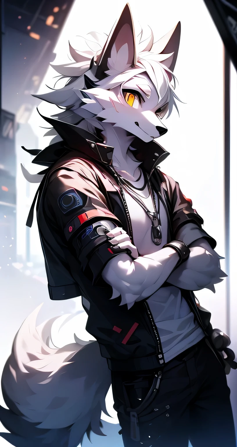 personagem cyber punk，Epcot，Tech style，apenas pessoas，corpo branco，Orelhas brancas，cabelo branco，Totalmente branco，Olhos amarelo-laranja，cauda de lobo，Orcs lobos，Jovem，Use uma camisa de manga curta，Ultra crisp fabric，Linhas suaves