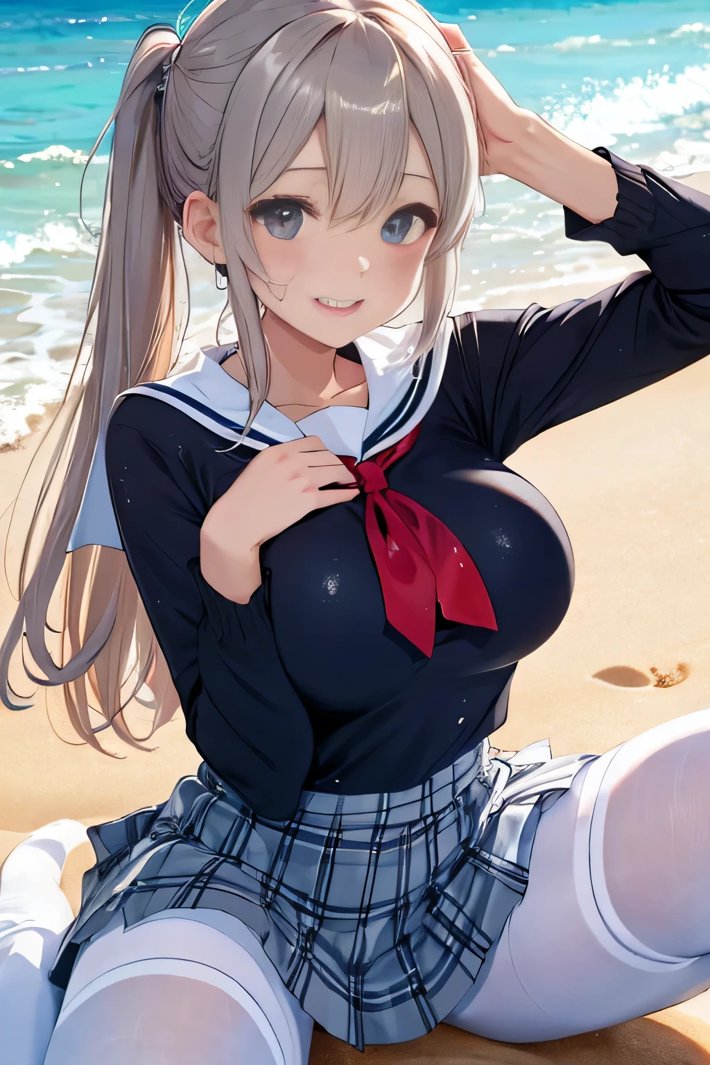 (8K、RAW photo、highest quality)、detailed background、beautiful and detailed face、beautiful and smooth skin、skin texture、professional lighting、Cute beautiful Iful Girl、、cute hairstyle、(big breasts:1.3)、white thin wet sexy sailor suit、white sailor collar、Pleated miniskirt with cute check pattern、Sexy Pantyhose、My clothes are wet and transparent、the whole body is wet、Lying on the sandy beach、Show 1'~ side、emphasize the chest、open your legs、look at me with a sexual expression、smile
