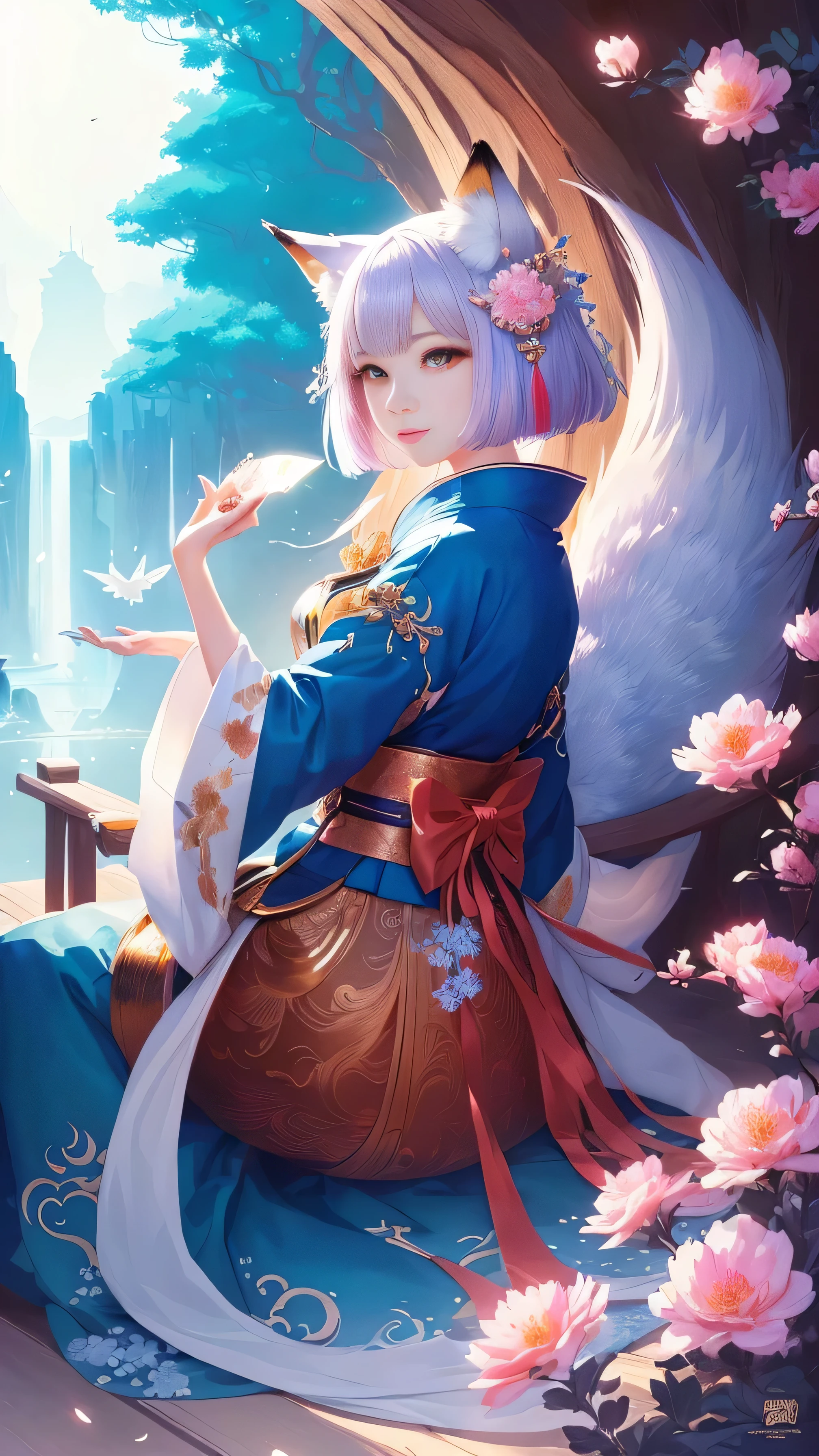 masterpiece , highest quality,Only one person,sit on a chair,precision quality,frontのクローズアップ,Upper body,beautiful short hair, masterpiece, japanese architectureの背景,beautiful details, colorful, delicate details, delicate lips, intricate details, genuine, ultrargenuineista, 枝に座っている色とりどりの髪のFoxを持つ女の子:mature, bright eyes, ,色とりどりのFox, Raposa the Nine Tails, 三尾Fox, 三尾Fox, Onmyoji detailed art, beautiful fine art illustration, mythical creatures, Fox, beautiful digital art,shrine maiden,japanese architecture,Holding hands,exquisite digital illustration, mizutsune, Inspired by mythical wild nest creatures, pixiv in digital art, dazzling light, high contrast, Mysterious,枝に座っている色とりどりの髪のFoxを持つ女の子,front,look at the camera