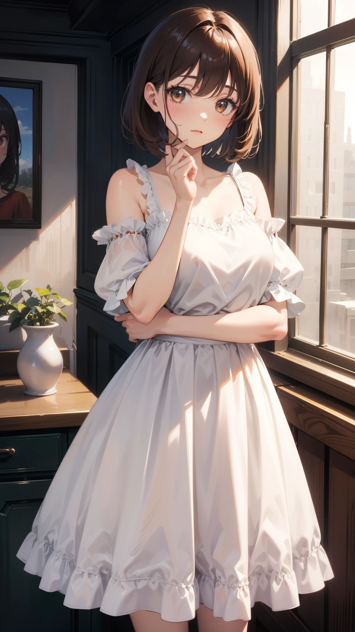 1girl, visual_novel_character, looking at viewer, brown eyes, short hair, brown hair, white dress