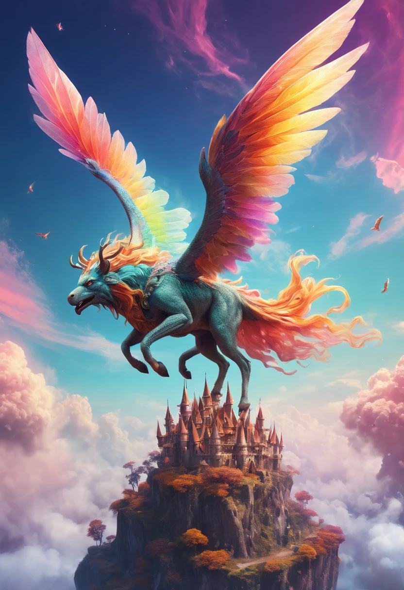 Legendary fantasy Creature, flying on high sky, epic mythology, Magical Creature, character concept art, fairyland, surreal scene, bright and saturated colors, Ethereal atmosphere, fairy tales, (best quality, masterpiece, Ultra high detail, 8k)