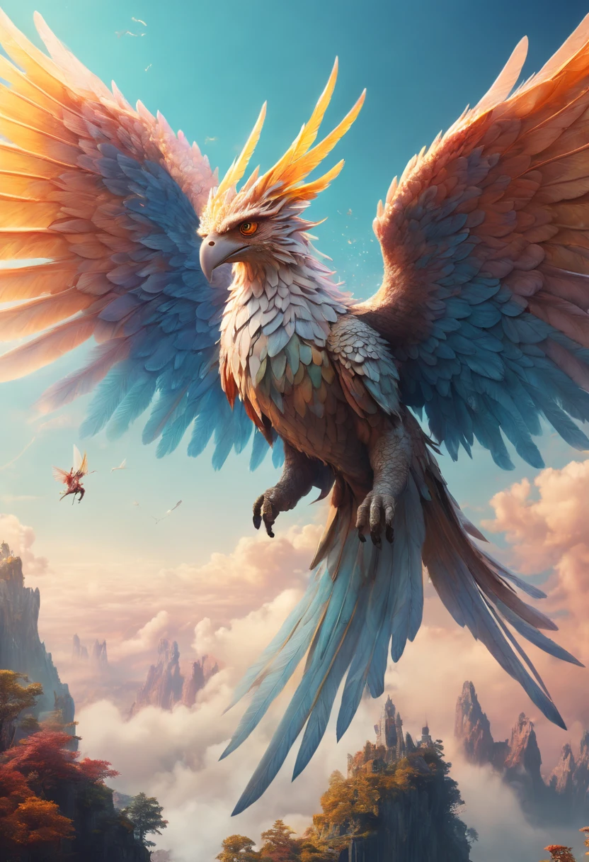 Legendary fantasy Creature with huge wing, flying on high sky, epic mythology, Magical Creature, character concept art, fairyland, surreal scene, bright and saturated colors, Ethereal atmosphere, fairy tales, (best quality, masterpiece, Ultra high detail, 8k)
