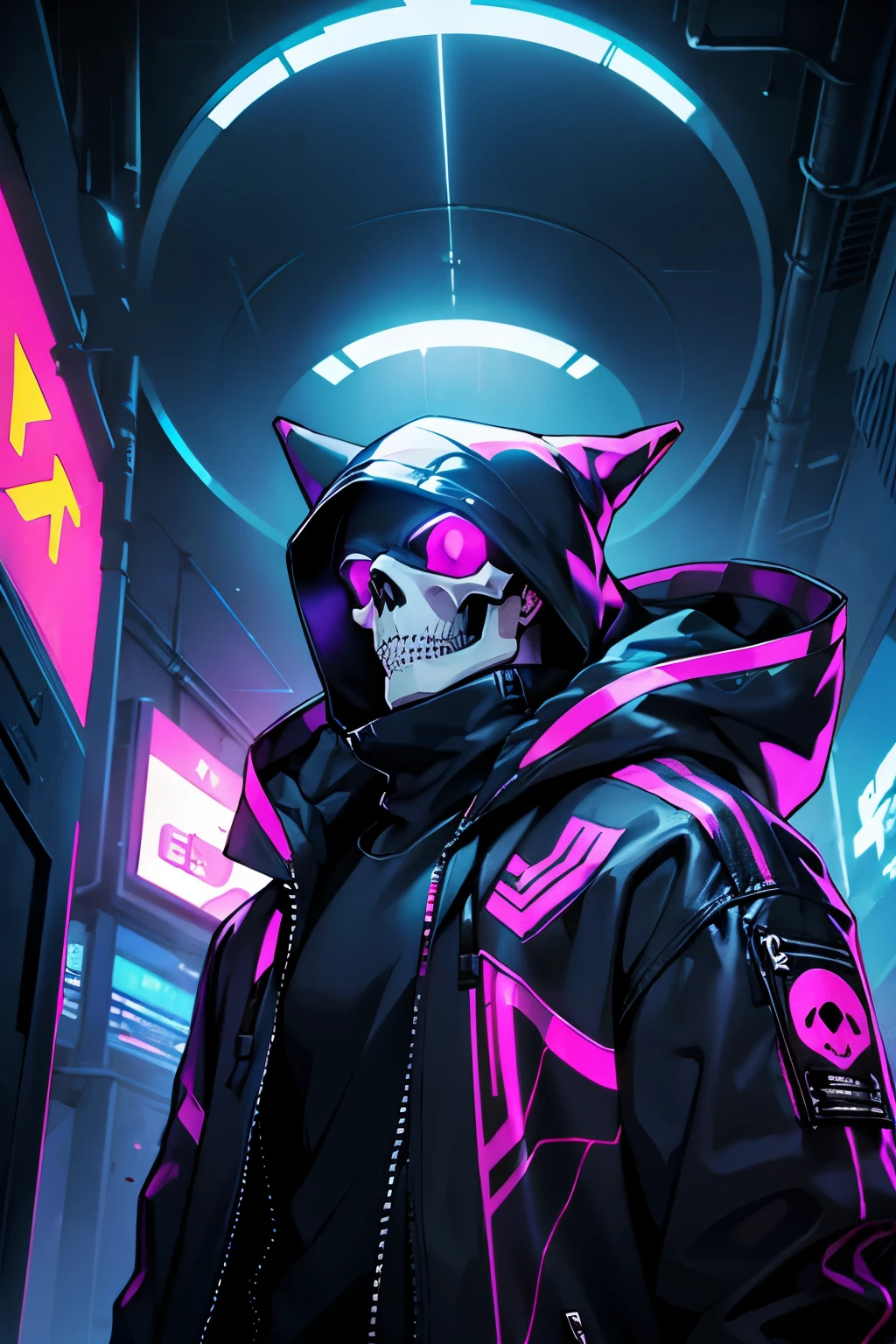 Icy Dark Underground Street Cyberpunk Smog Man Skeleton Man Pupil Purple Astigmatism Spit White Smoke Light and Shadow Reflection Cinematic Light High Quality Wearing Green Cloak Cyberpunk Anime Art