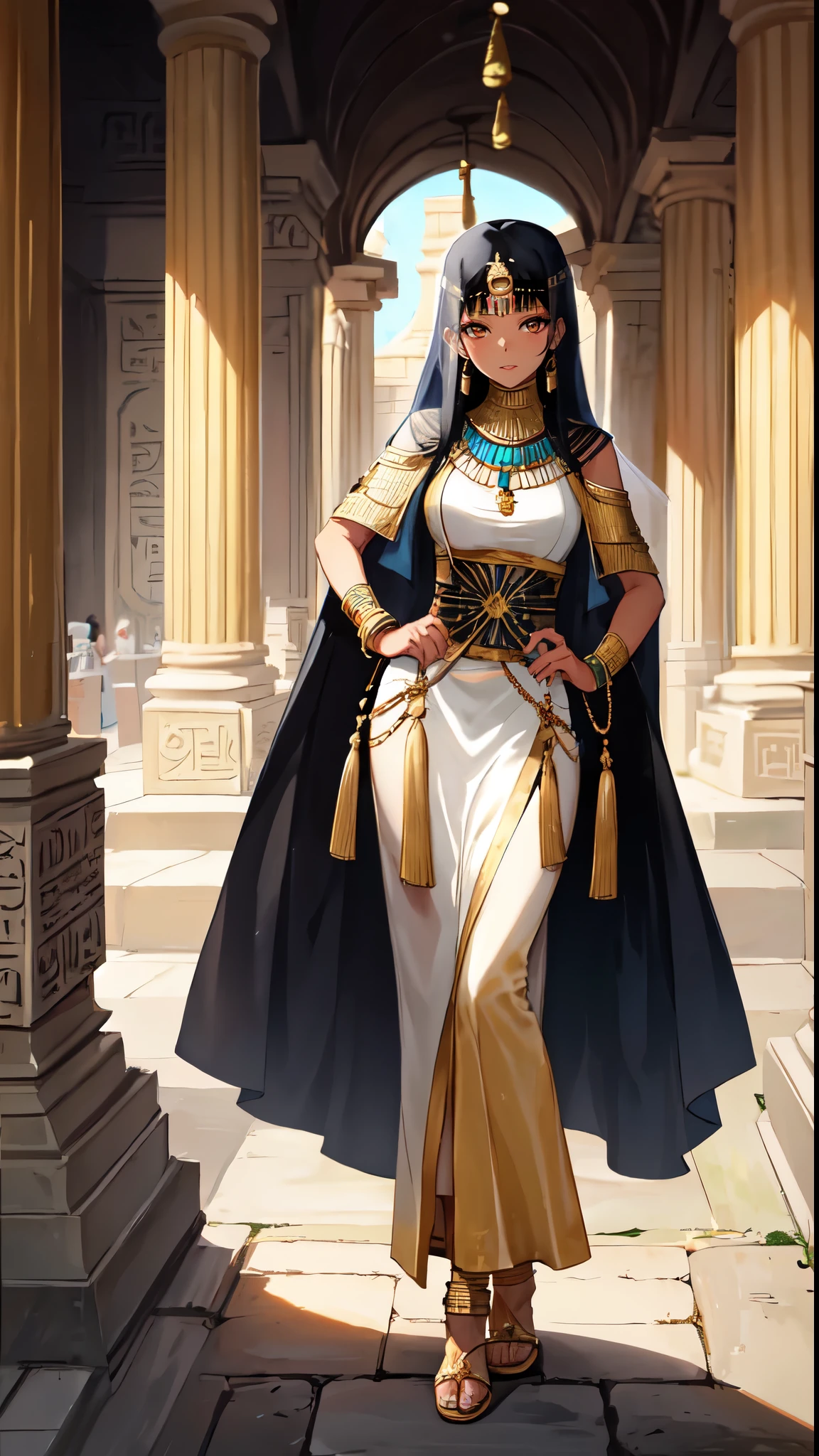 (brown skin)long black hair,Standing close-up,Ancient Egypt Temple,Mature beauty,wheat colored skin,Qi bangs,golden eyes,(eye shadow,makeup feel),Ancient Egyptcivilization,Temple Background,(Amun statue,grand temple,Epic feeling:2.0),A wide range of jewelry,(Style white long skirt,priestess dress,veil:2.0),necklace,her wheat-colored skin,Exotic,barefoot,Gemstone anklets,Detailedly drawn backgrounds
