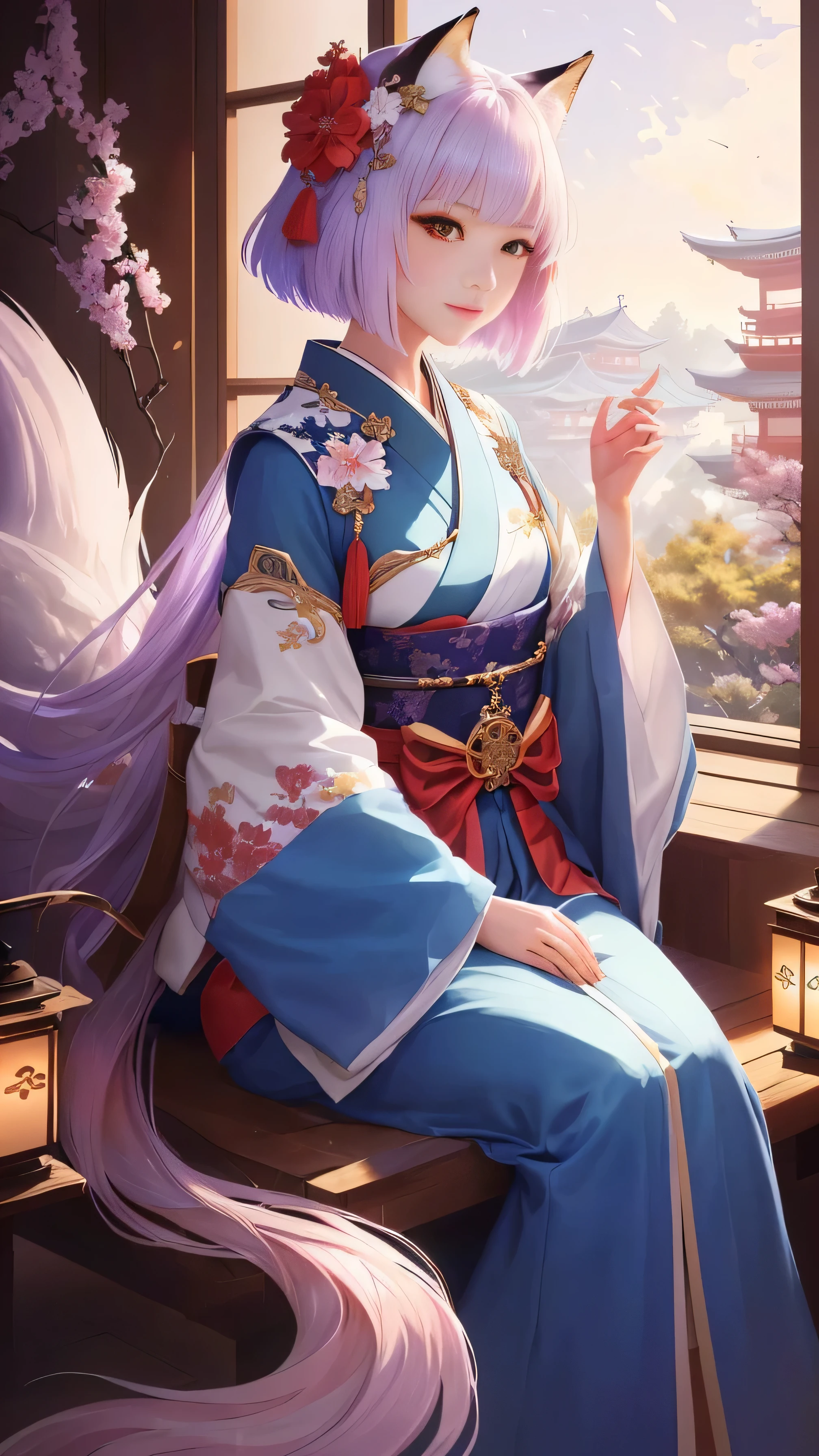 masterpiece , highest quality,Only one person,sit on a chair,precision quality,frontのクローズアップ,Upper body,beautiful short hair, masterpiece, japanese architectureの背景,beautiful details, colorful, delicate details, delicate lips, intricate details, genuine, ultrargenuineista, 枝に座っている色とりどりの髪のFoxを持つ女の子:mature, bright eyes, ,色とりどりのFox, Raposa the Nine Tails, 三尾Fox, 三尾Fox, Onmyoji detailed art, beautiful fine art illustration, mythical creatures, Fox, beautiful digital art,shrine maiden,japanese architecture,Holding hands,exquisite digital illustration, mizutsune, Inspired by mythical wild nest creatures, pixiv in digital art, dazzling light, high contrast, Mysterious,枝に座っている色とりどりの髪のFoxを持つ女の子,front,look at the camera