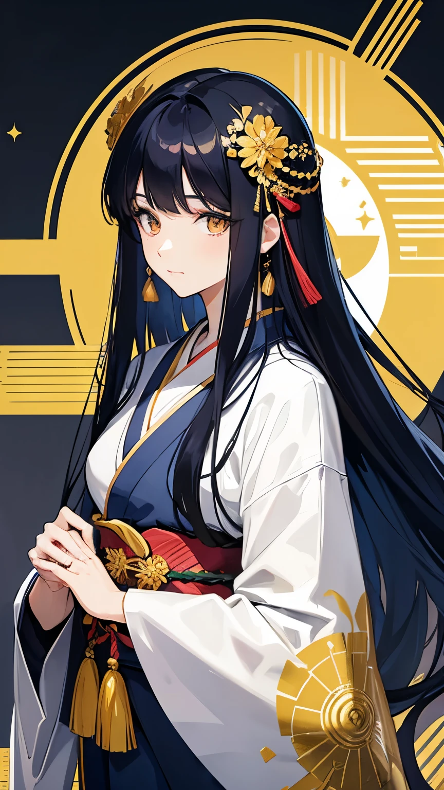 Cover magazine. anime, A woman. long hair. navy hair. Dark blue hair. golden eyes. Yellow eye. Half Body potrait. Upper body. elegan. White kimono. Adult. Mature woman. Women. Japanese. Hair accessories