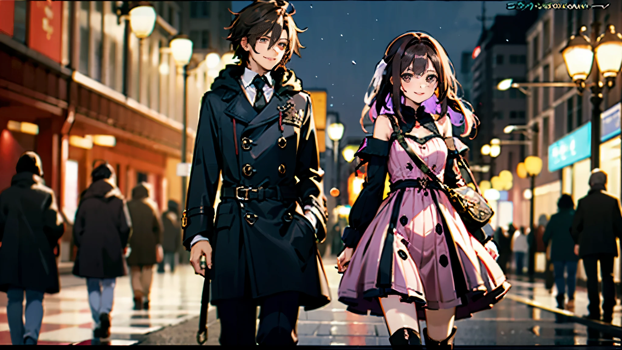 ((masterpiece)) ,(high quality),((couple)),((men and women)),(brown hair，half up, shiny hair ),(,height　160cm,flathead cheek, cute,pink dress,Black coat,knee high socks,black boots,shoulder bag,whole body, small breasts,beautiful breasts,beautiful butt, thin,white skin,beautiful skin,smile),winter,night,illumination,night view,date,male,(tall),cool,men and womenで腕を組む