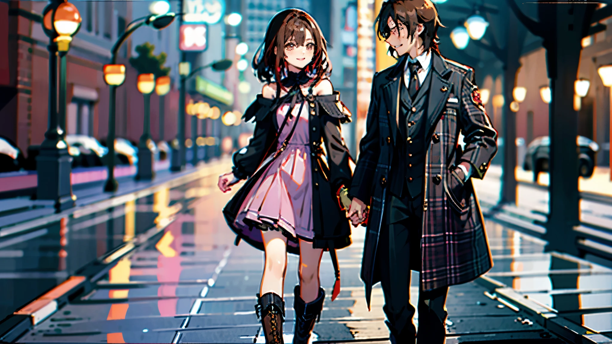 ((masterpiece)) ,(high quality),((couple)),((men and women)),(brown hair，half up, shiny hair ),(,height　160cm,flathead cheek, cute,pink dress,Black coat,knee high socks,black boots,shoulder bag,whole body, small breasts,beautiful breasts,beautiful butt, thin,white skin,beautiful skin,smile),winter,night,illumination,night view,date,male,(tall),cool,men and womenで腕を組む