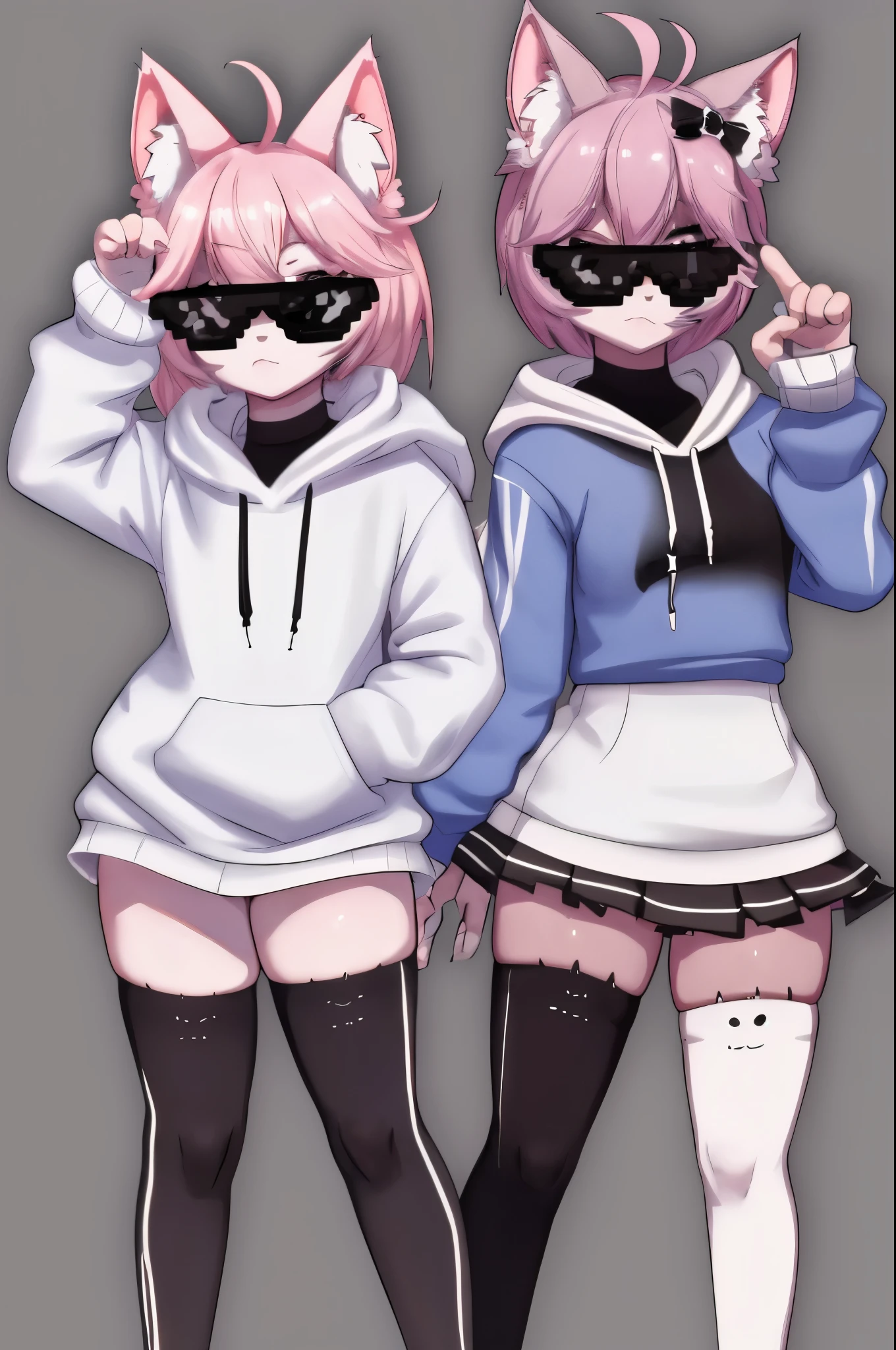 anime NyannersBase, cat ears, hoodie, long sleeves, camisole, cat print, white skirt, cat ear legwear, asymmetrical legwear with a mic in hand acting as a rapper incrsdealwithit
sunglasses looking cool gang signs dpoing badass postures