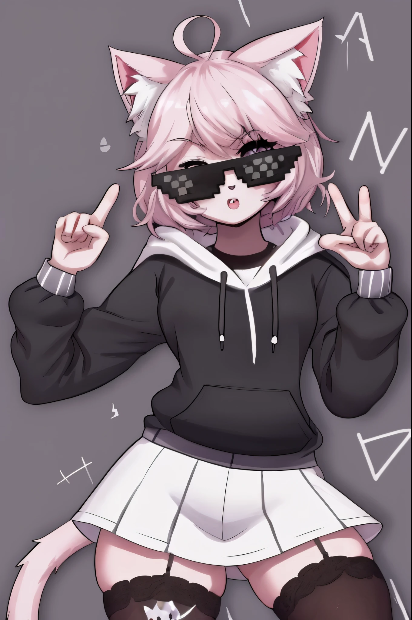 anime NyannersBase, cat ears, hoodie, long sleeves, camisole, cat print, white skirt, cat ear legwear, asymmetrical legwear with a mic in hand acting as a rapper incrsdealwithit
sunglasses looking cool gang signs dpoing badass postures