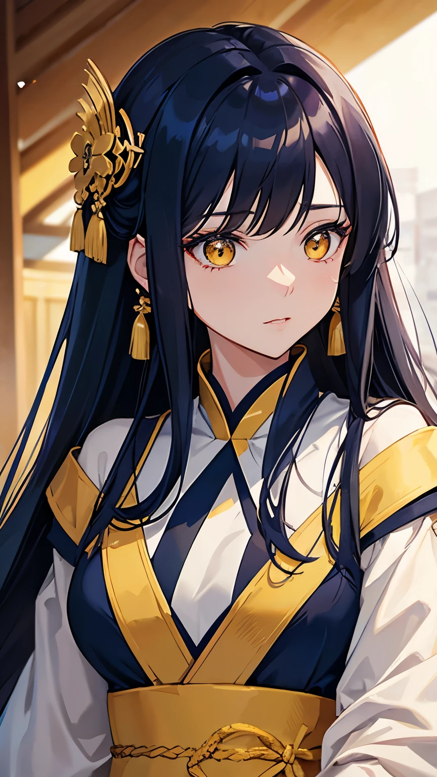 Cover magazine. anime, A woman. long hair. navy hair. Dark blue hair. golden eyes. Yellow eye. Half Body potrait. Upper body. elegan. Hanfu. Adult. Mature woman. Women. Murim. Hair accessories. Lady