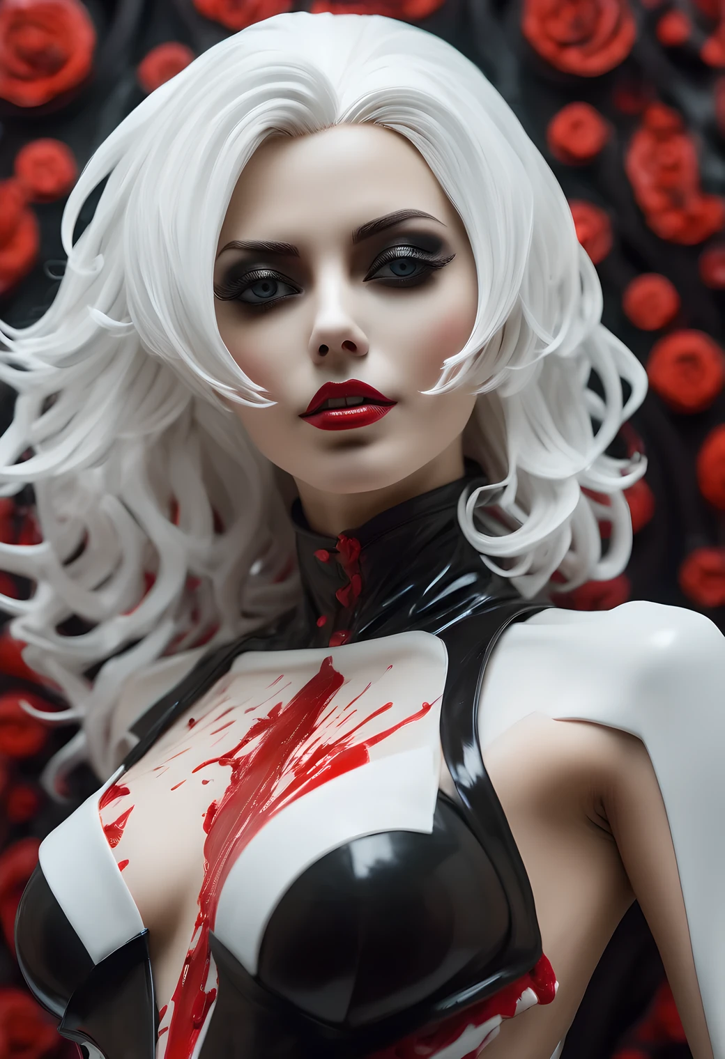 (masterpiece, best quality:1.2), 1 beautiful girl, solo，smill，fullbody shoot，white hair，helllady，((Best quality)), ((Masterpiece)), ((Realistic))，axial symmetry:2, magnificent bloody hell background in scarlet style，black/white mixed latex，sexy，eye shadow，cruel