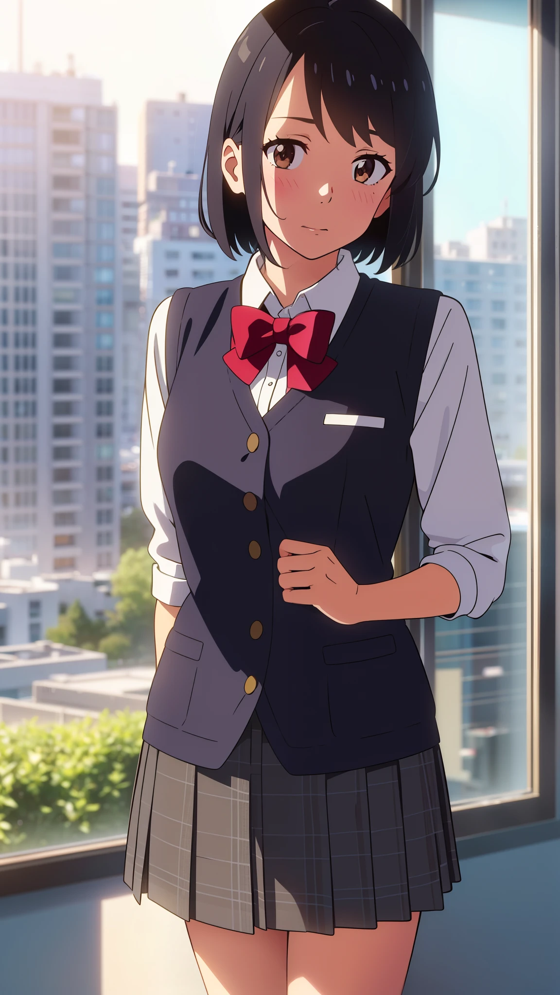 shinkai makoto, kimi no na wa., 1girl, bangs, black hair, blush, brown eyes, shiny skin, red headband, red ribbon, red bow, White dress shirt, vest, skirt, plaid skirt, looking at the viewer, short hair, cute, solo, best quality, hires, office, buildings from window, detailed background, diffused sunlight, depth of field, bokeh