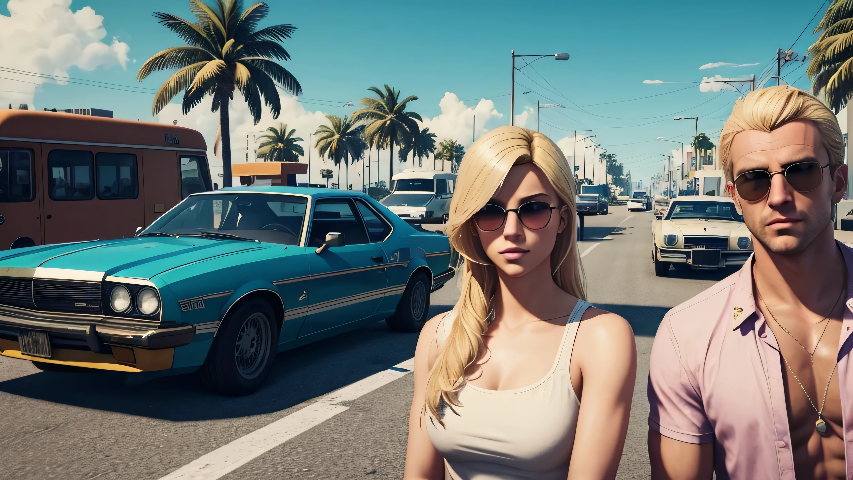 a couple, male around 30 years old with blonde hair, he is a state police commissioner, female around 27 with blonde long hair, she's a sheriff, they look young ager, gta 5 cartoon style, miami, vice city vibes, landscape wide shot