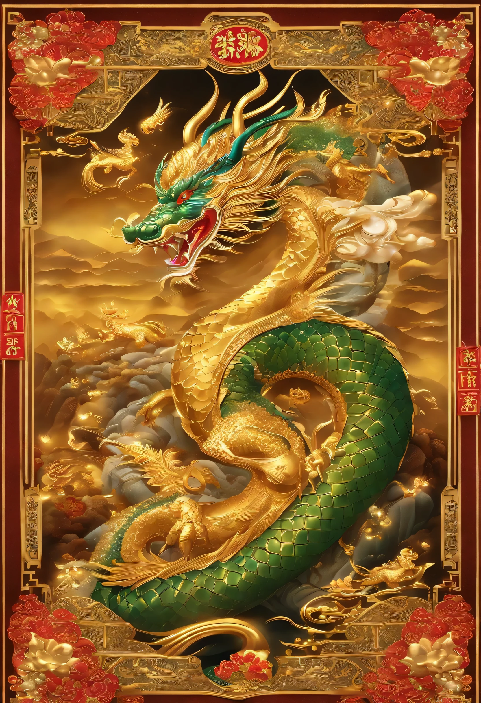 Seven lucky gods and the dragon are depicted together on a glittering background.。Seven lucky gods、each has its own unique appearance、symbolizes good luck and prosperity。..、All around them are full of gold and silver treasures。in the center, A huge dragon is soaring.、Its body shines like a shining jewel。Background filled with golden and silver light、It exudes a mysterious atmosphere。