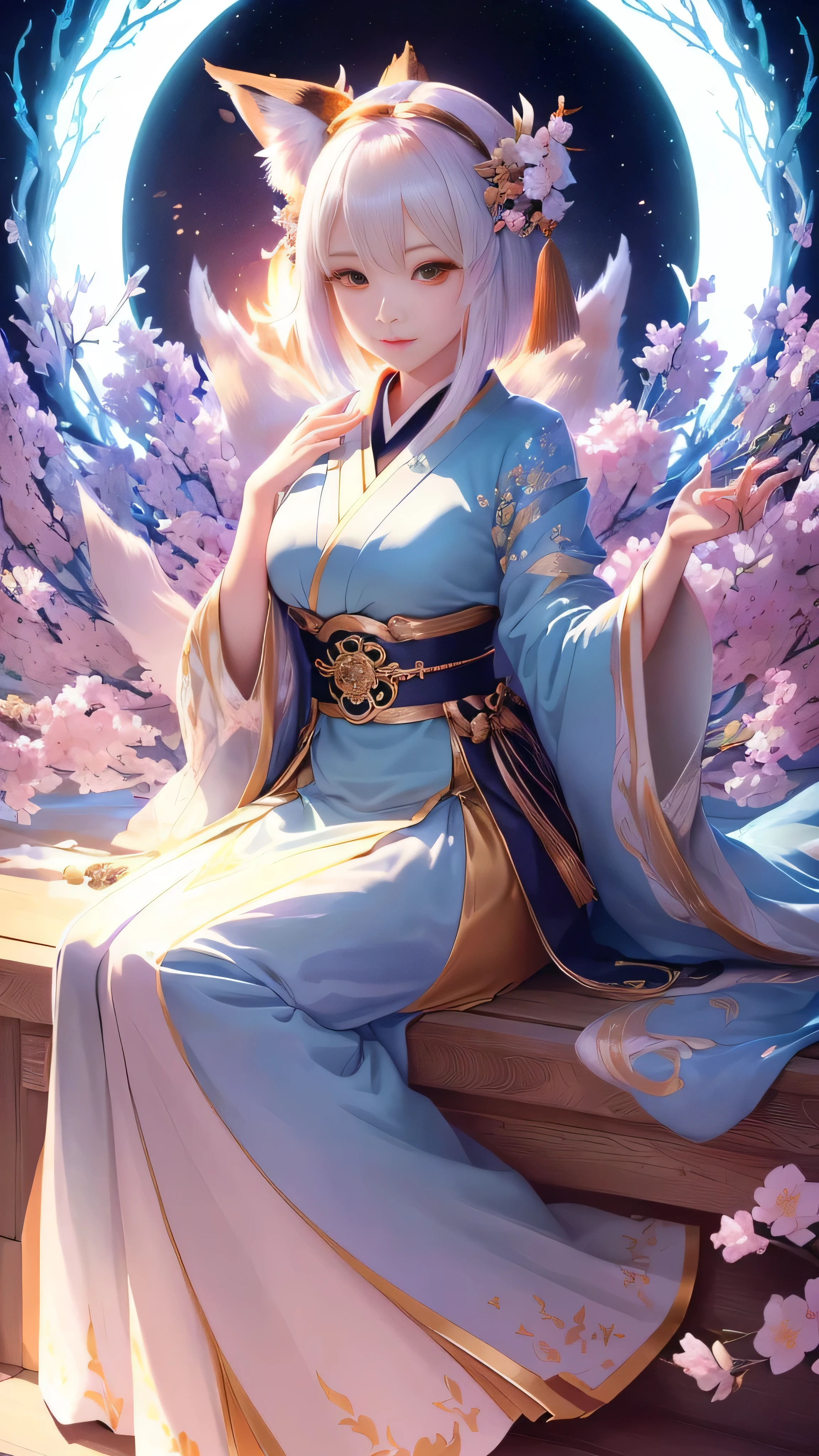 masterpiece , highest quality,Only one person,Sit upright on the floor,precision quality,frontのクローズアップ,Upper body,beautiful short hair, masterpiece, japanese architectureの背景,beautiful details, colorful, delicate details, delicate lips, intricate details, genuine, ultrargenuineista, 枝に座っている色とりどりの髪のFoxを持つ女の子:mature, bright eyes, ,色とりどりのFox, Raposa the Nine Tails, 三尾Fox, 三尾Fox, Onmyoji detailed art, beautiful fine art illustration, mythical creatures, Fox, beautiful digital art,shrine maiden,japanese architecture,Holding hands,exquisite digital illustration, mizutsune, Inspired by mythical wild nest creatures, pixiv in digital art, dazzling light, high contrast, Mysterious,枝に座っている色とりどりの髪のFoxを持つ女の子,front,look at the camera