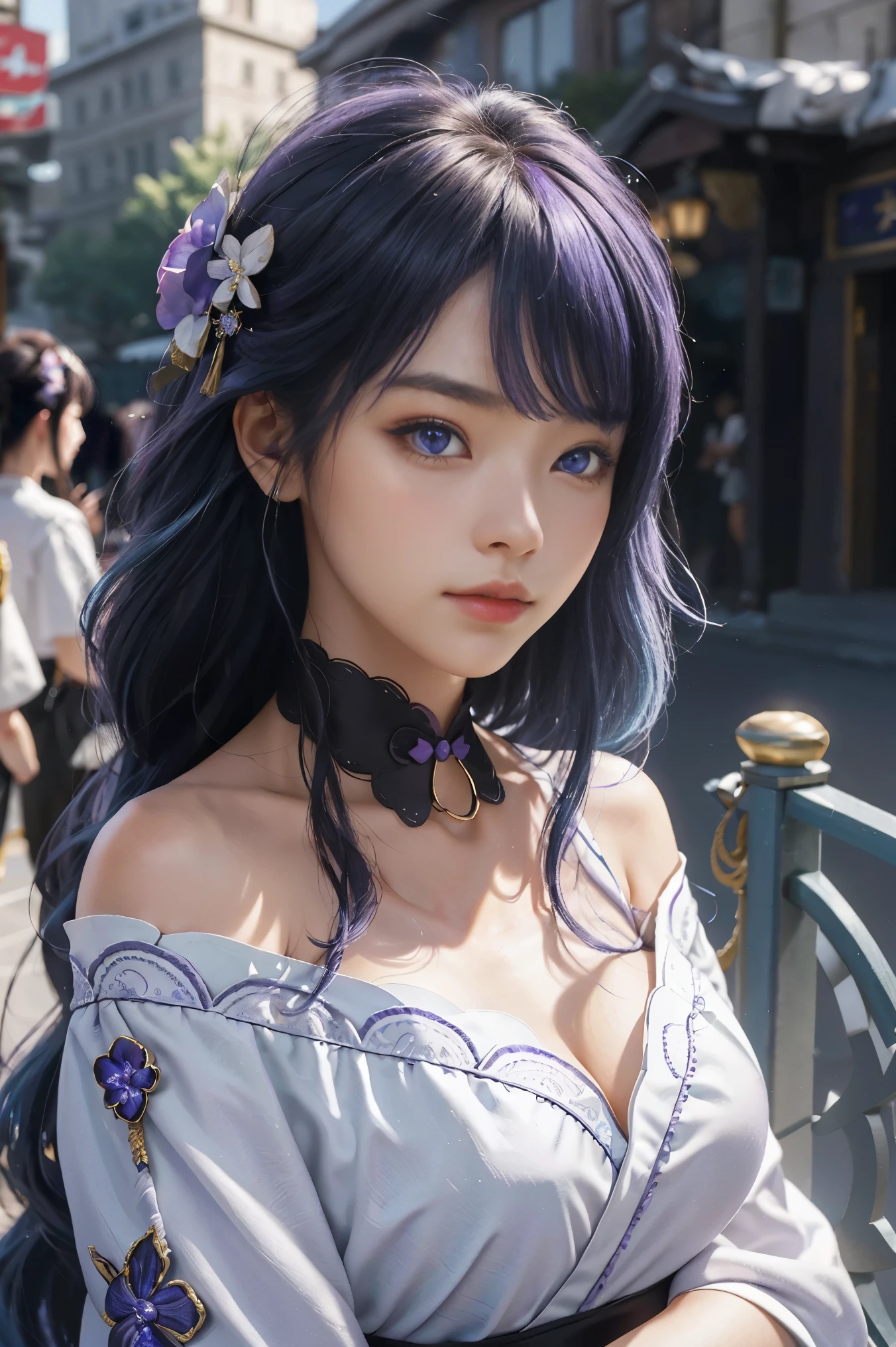 (photorealistic:1.4), (masterpiece, sidelighting, finely detailed beautiful eyes: 1.2), masterpiece*portrait, realistic, 3d face, raiden \(genshin impact\), 1girl, ahoge, architecture, By bangs,Bare shoulders,Bell,black glove,(Black tights,lightblue hair,Hairpin),Blushlush,Beautiful breasts,Chinese knot,the sleeve,flower knot,long purple hair,Look at the audience,middlebreast,Neckbells