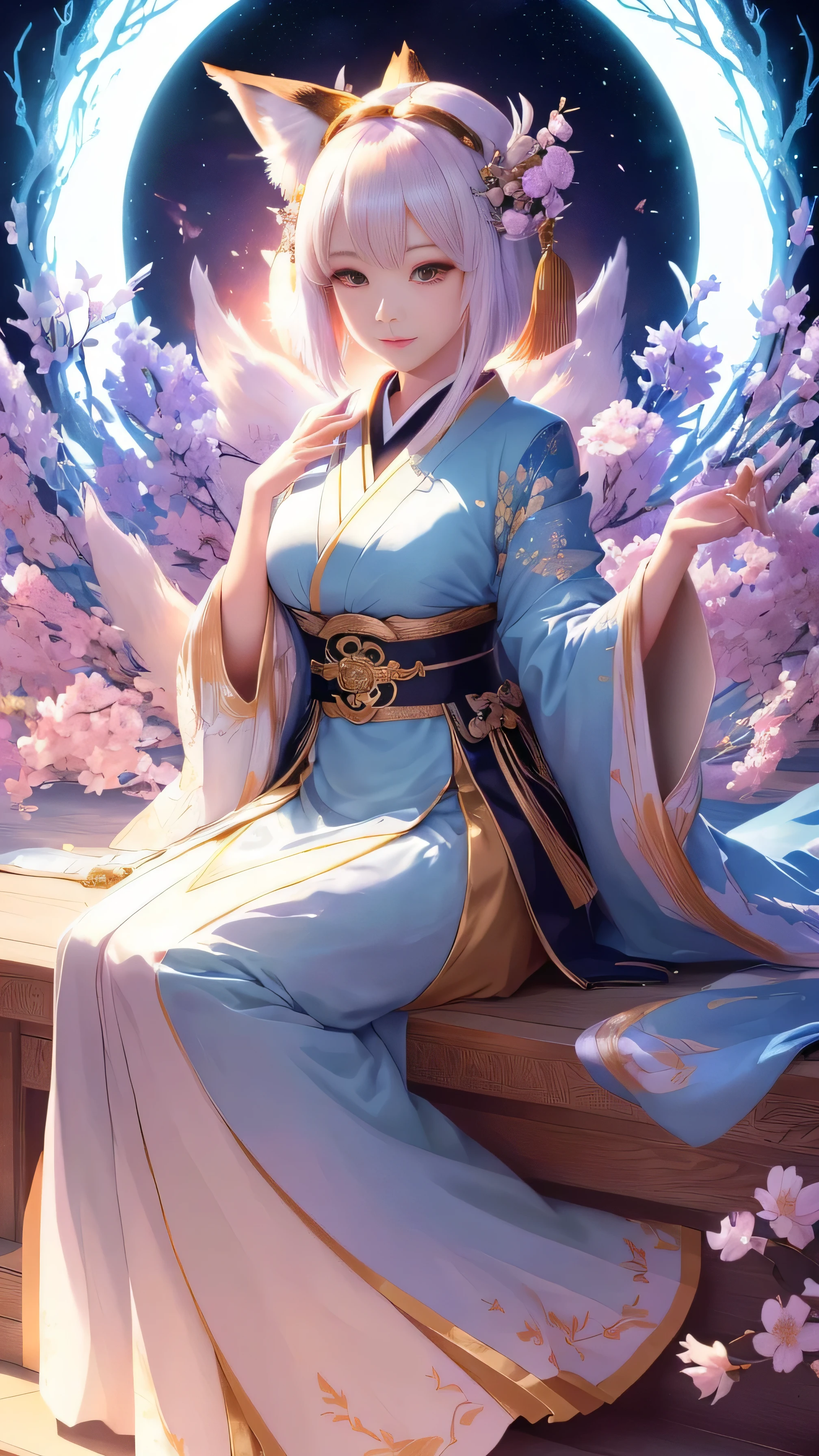 masterpiece , highest quality,Only one person,Sit upright on the floor,precision quality,frontのクローズアップ,Upper body,beautiful short hair, masterpiece, japanese architectureの背景,beautiful details, colorful, delicate details, delicate lips, intricate details, genuine, ultrargenuineista, 枝に座っている色とりどりの髪のFoxを持つ女の子:mature, bright eyes, ,色とりどりのFox, Raposa the Nine Tails, 三尾Fox, 三尾Fox, Onmyoji detailed art, beautiful fine art illustration, mythical creatures, Fox, beautiful digital art,shrine maiden,japanese architecture,Holding hands,exquisite digital illustration, mizutsune, Inspired by mythical wild nest creatures, pixiv in digital art, dazzling light, high contrast, Mysterious,枝に座っている色とりどりの髪のFoxを持つ女の子,front,look at the camera