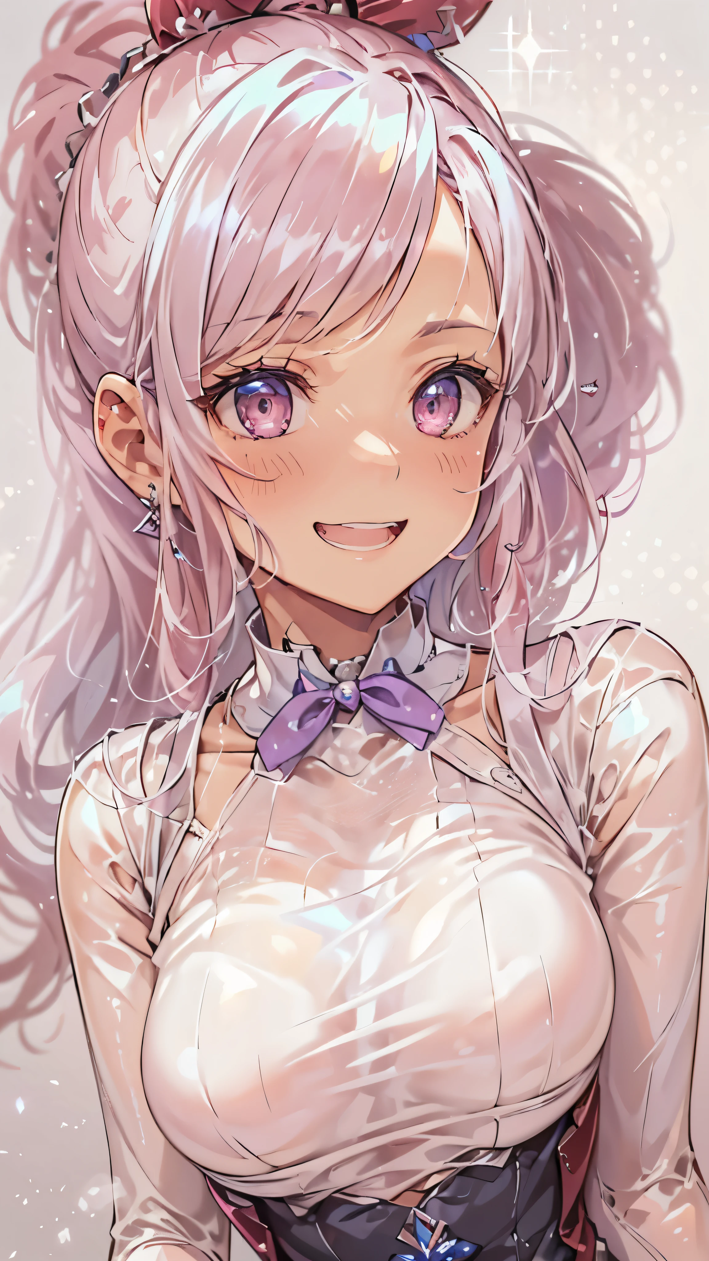 woman,,Research room,(((white and pink tight miniskirt bodysuit))),,open mouth smile((See-through))Glasses,((Beautiful long ponytail)),((baby girl bohape))