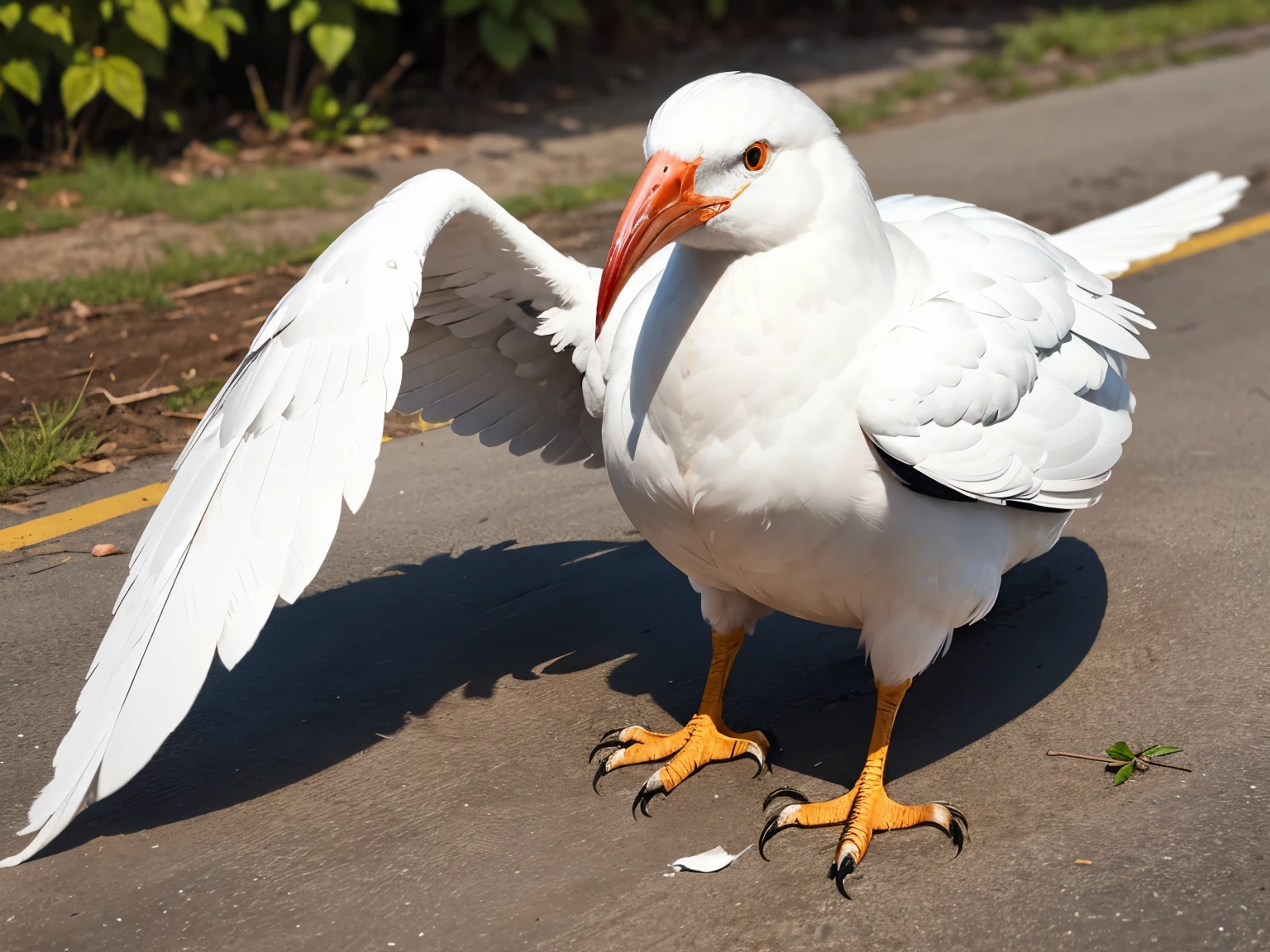 Animals: The white bird had wounds all around it.. There was red blood on the fur.. On the ground