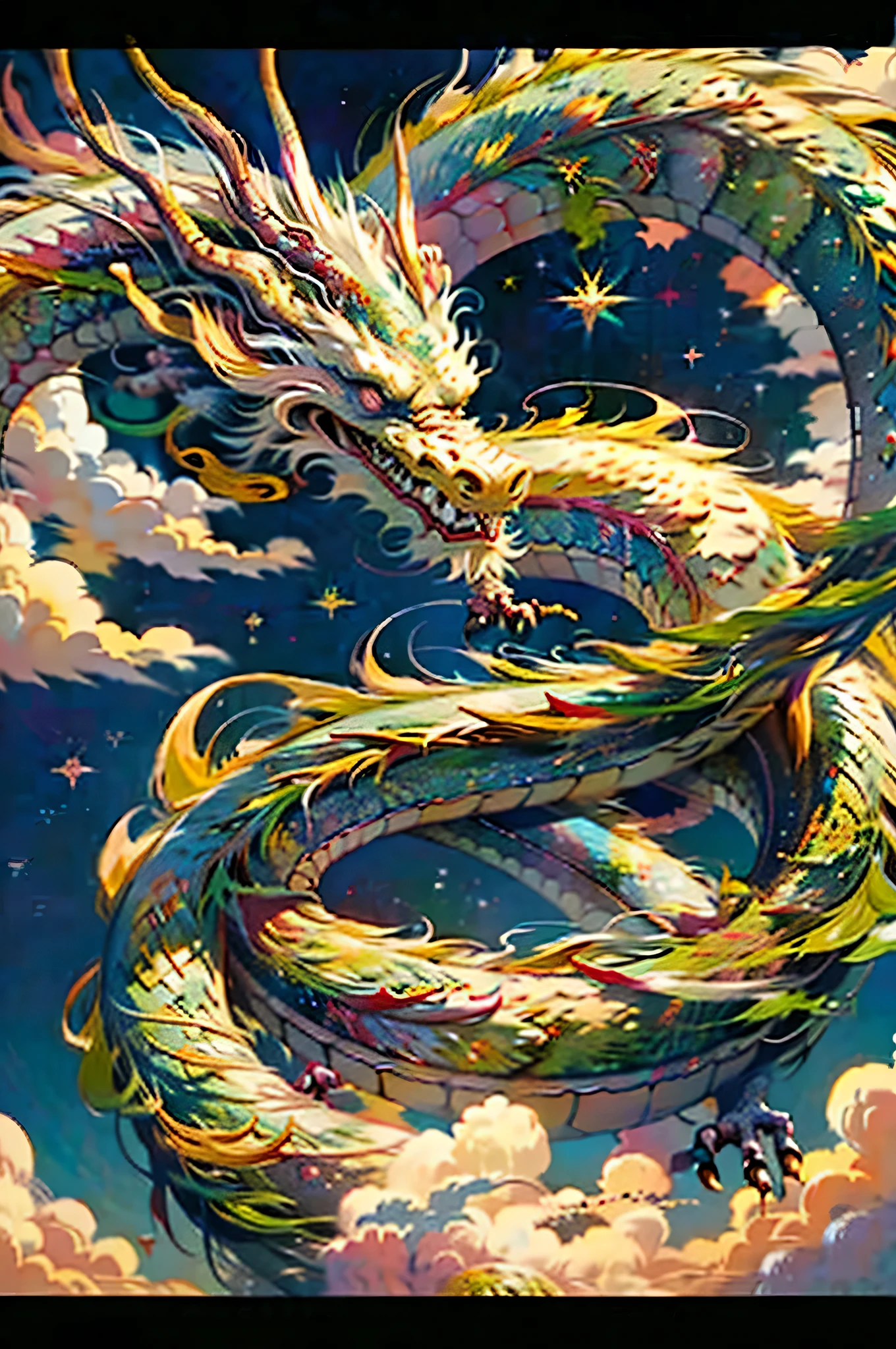 Photo of a dragon flying in the sky with stars in the background, sky dragon, Fractal Thunder Dan Mumford, Dan Mumford and Alex Gray&#39;Style, psytrance artwork, highly detailed vision art, dragon oil painting, dragon art, DMT Art, Dragon-centric, lung dragon, Quetzalcoatl, intricate fantasy painting