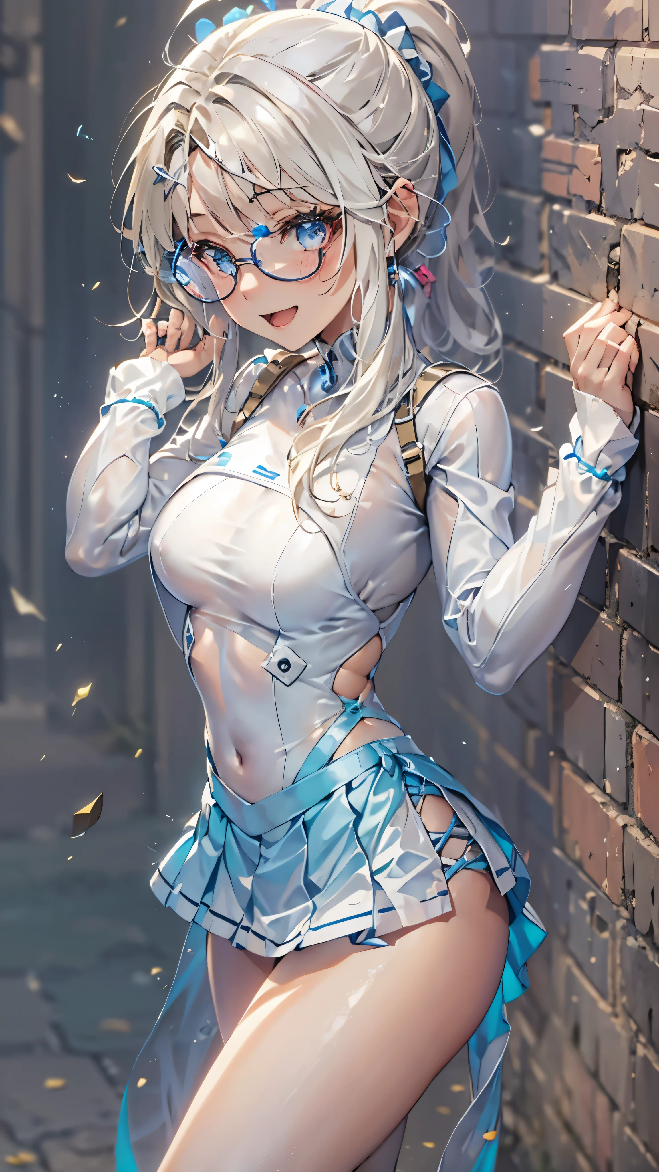 woman,,Research room(((white and blue tight miniskirt bodysuit))),,open mouth smile((See-through))Glasses,((Beautiful long ponytail)),((baby girl bo)((blonde))