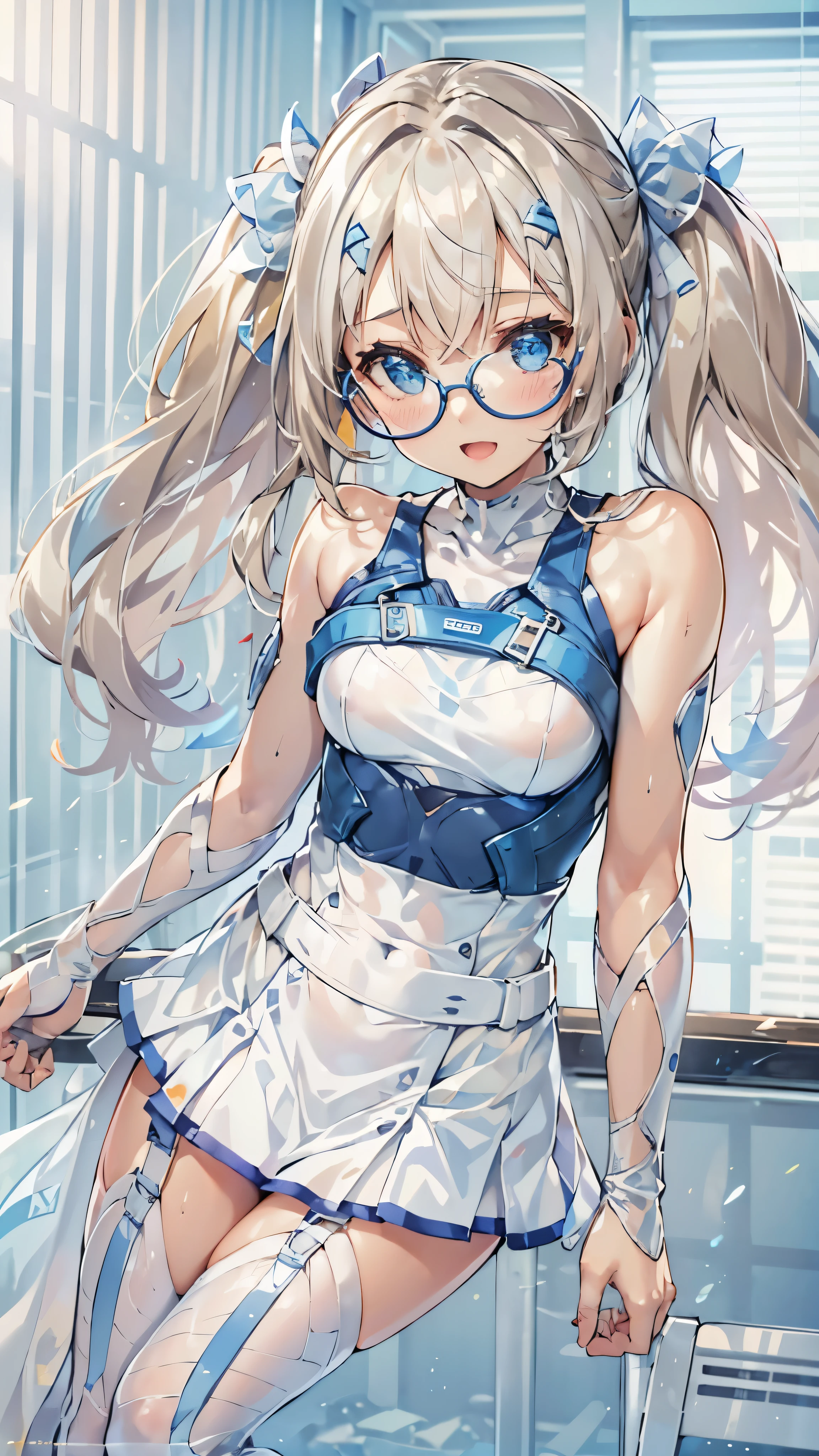 woman,,Research room(((white and blue tight miniskirt bodysuit))),,open mouth smile((See-through))Glasses,((Beautiful long ponytail)),((baby girl bo)((blonde))