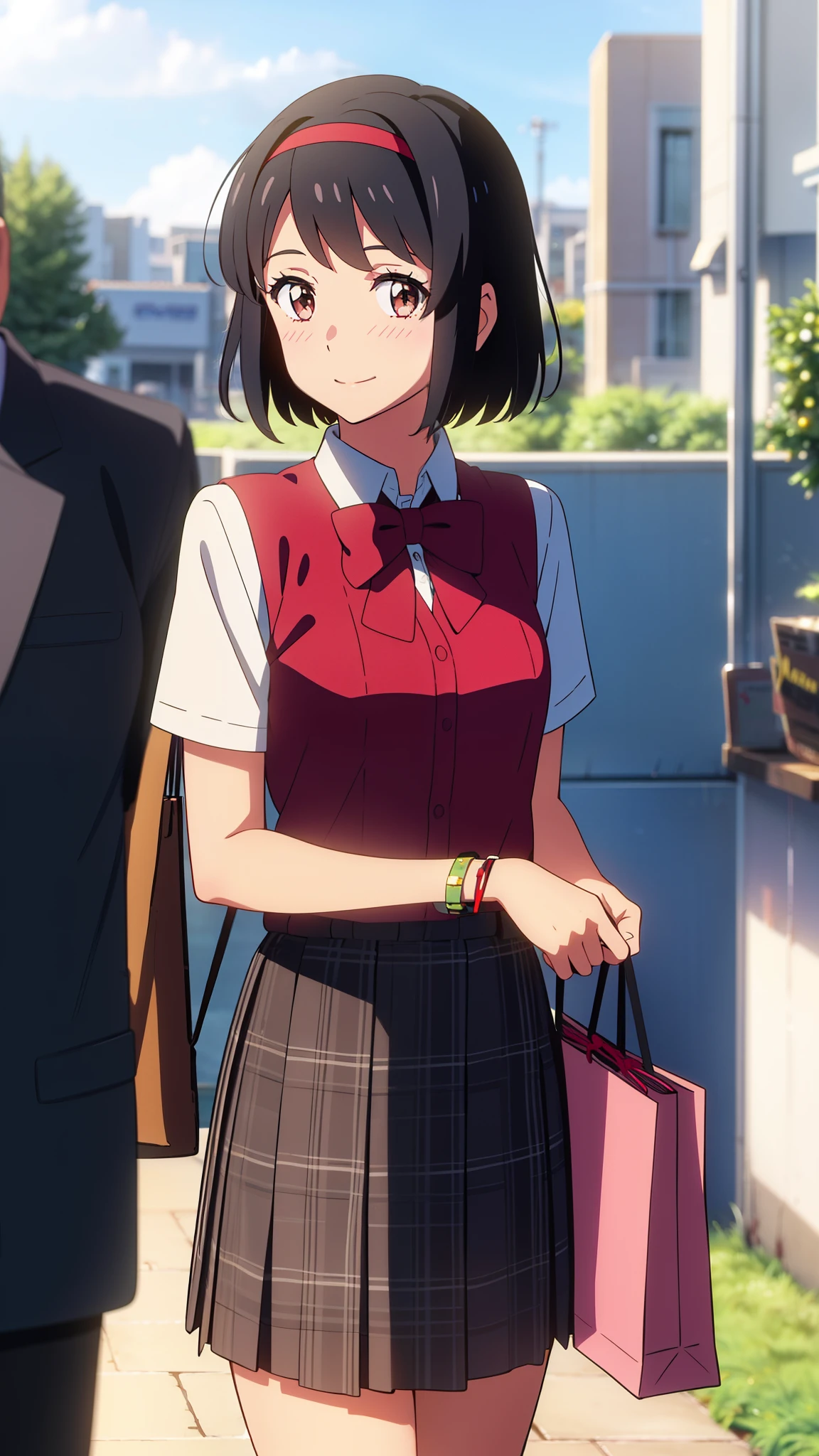 shinkai makoto, kimi no na wa., 1girl, bangs, black hair, blush, brown eyes, red headband, red bow, red ribbon, Everyday clothes, Fashionable clothes, black plaid skirt, short sleeves, short hair, smile, cute, solo, looking at viewer, Holiday Afternoon, enjoying shopping, beautiful sky