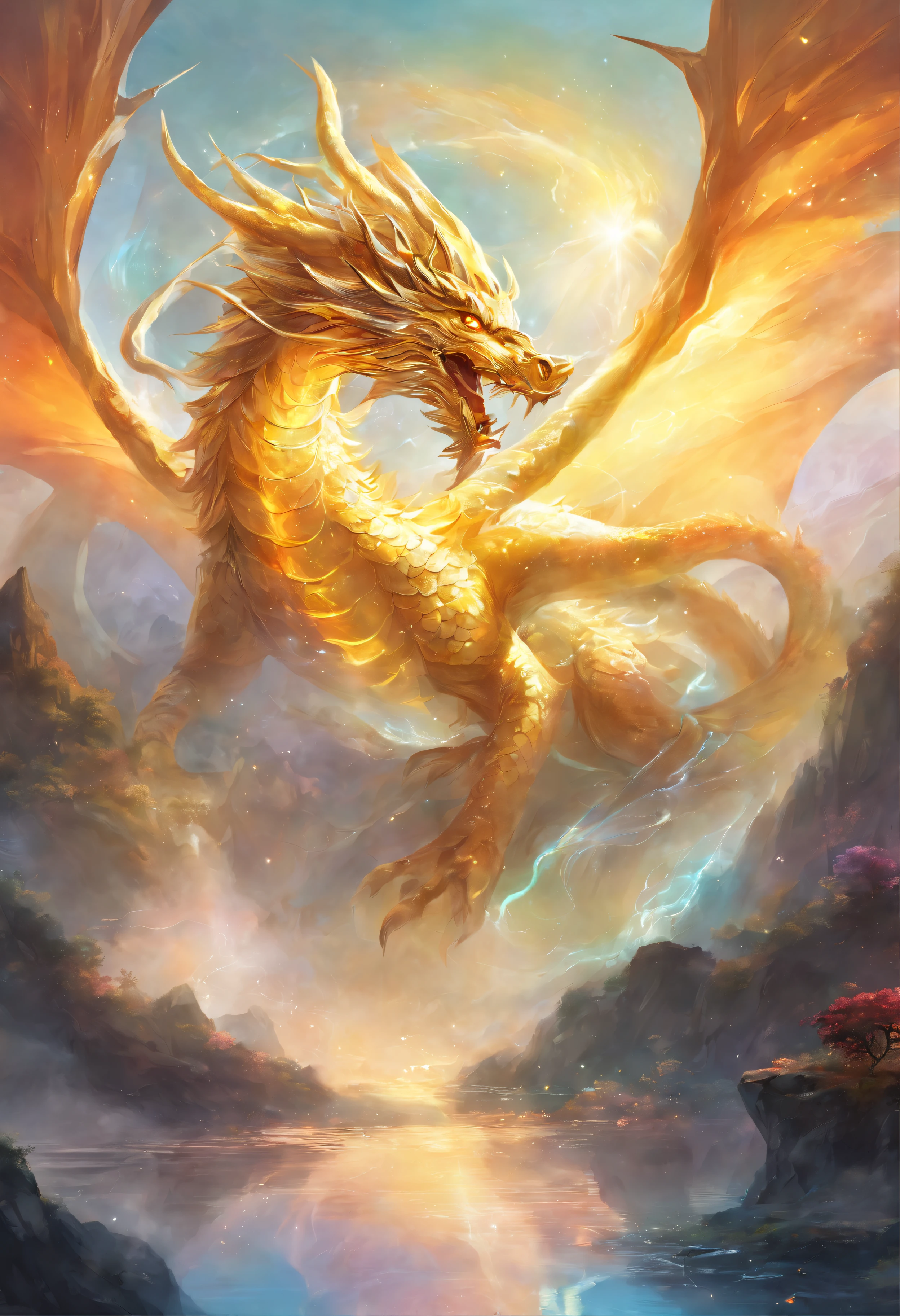 Peinture de paysage,Fond arc-en-ciel blanc,A huge golden Chinese dragon in the air,With a huge crystal,Fortune