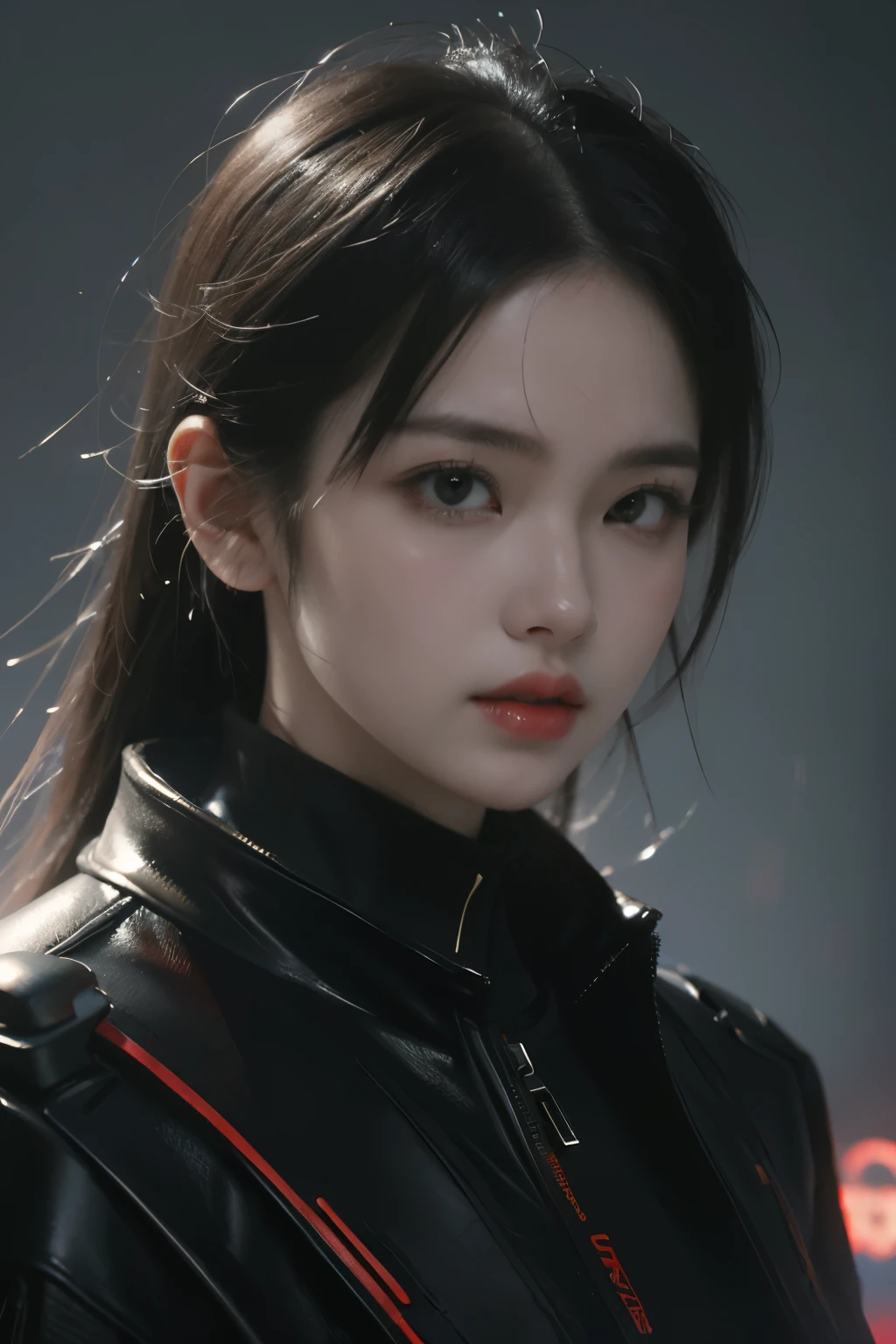 Game art，The best picture quality，Highest resolution，8K，(A bust photograph)，(Portrait)，(Head close-up:1.5)，(Rule of thirds)，Unreal Engine 5 rendering works， (The Girl of the Future)，(Female Warrior)， 22岁少女，(Female hackers)，(White and red gradient，Ancient Oriental hairstyle)，((The pupils of the red eyes:1.3))，(A beautiful eye full of detail)，(Big breasts)，(Eye shadow)，优雅迷人，冷漠，((Anger))，(Cyberpunk jacket full of futuristic look，Joint Armor，There are exquisite Chinese patterns on the clothes，A flash of jewellery)，赛博朋克人物，未来风格， 拍照姿势，城市背景，Movie lights，Ray tracing，Game CG，((3D Unreal Engine))，oc渲染反射纹