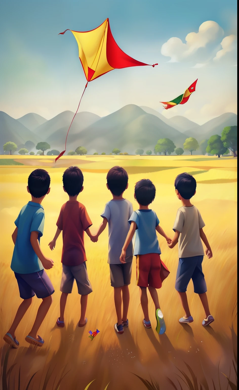 there are four boys and a girl running in the rice fields with a kite, kites, childrens art in artstation, by Goro Fujita, official fanart, children illustration, mobile wallpaper, childhood memory, official fan art, childrenbook illustration, kids playing, by Gang Se-hwang, by Yang J, kids book illustration, a beautiful artwork illustration, on a sunny day, background artwork