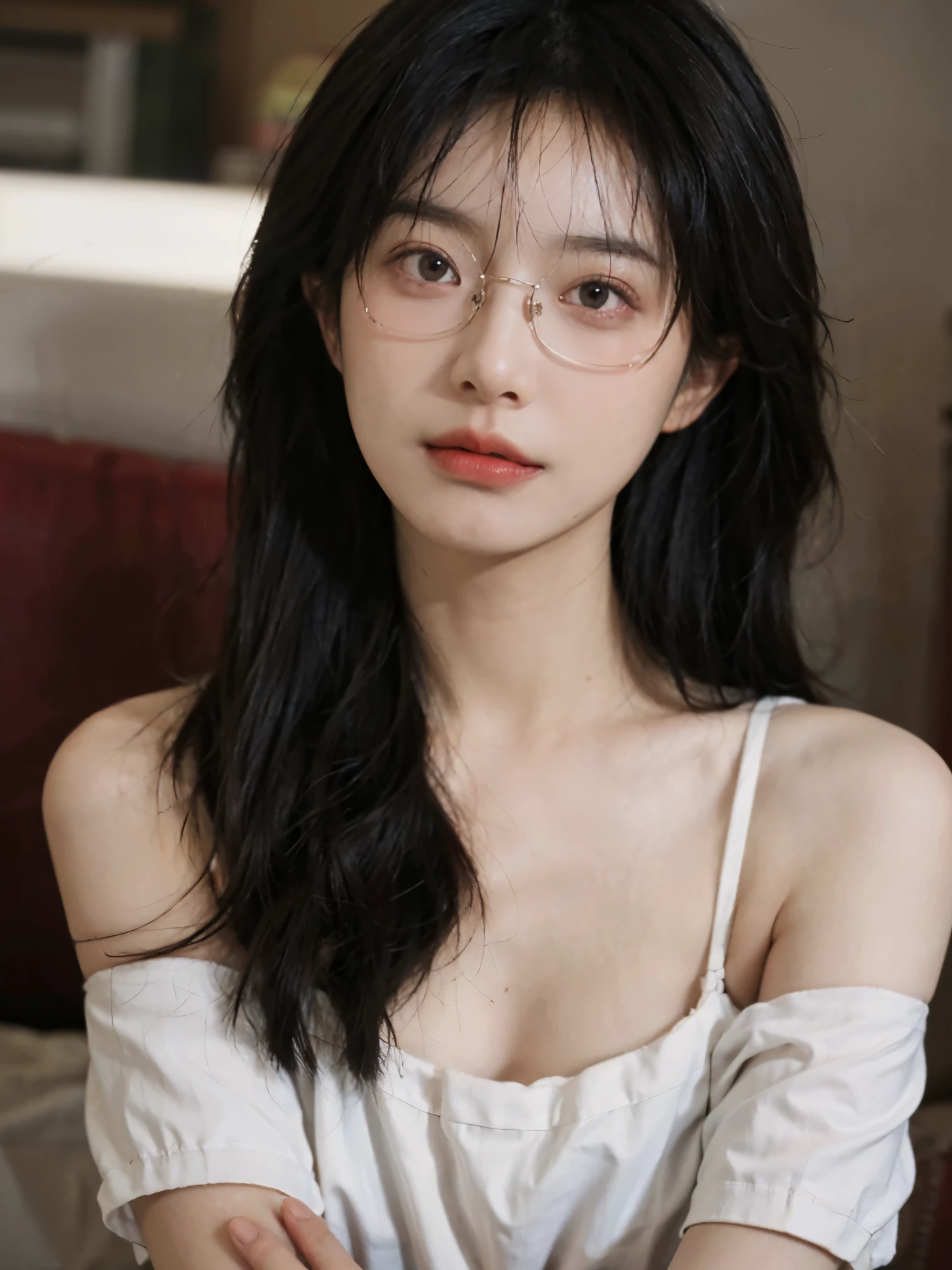 Film portrait photography, 1 girl, bare shoulders,lipstick，（flat chest：1.4）， Shoulder length wavy hair, Wear high-end glasses，White short sleeves，serene, calm, (Realistic and detailed eyes, natural skin texture, Realistic facial details), Soft dramatic lighting, depth of field, Bokeh, Vibrant details, detailed meticulous, hyper-realistic, 35mm film, hazy, ,