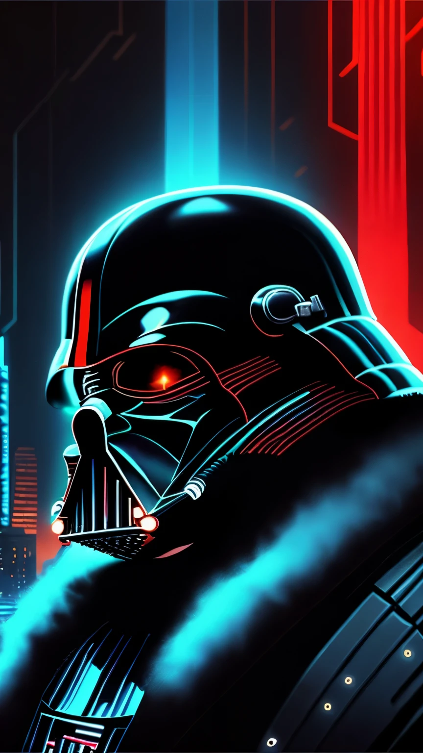 Grim ultra-detailed portrait of Darth Vader from Star Wars, extremadamente detallado, paisaje urbano futurista, Noche, bright neon lights, fumar, chispas, virutas de metal, escombros voladores, Blue Energy Effects, volumetric light