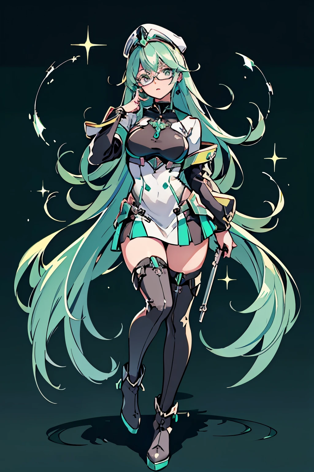 Anime, Girl, (((1girl))), (((Waifu, Xenoblade Chronicles 2, Pneuma Waifu))), (((Seafoam Green Hair, Long Hair))), ((Seafoam Green Eyes eyes:1.3, Upturned Eyes: 1, Perfect Eyes, Beautiful Detailed Eyes, Gradient eyes: 1, Finely Detailed Beautiful Eyes: 1, Symmetrical Eyes: 1, Big Highlight On Eyes: 1.2)), (((Lustrous Skin: 1.5, Bright Skin: 1.5, Skin Fair, Shiny Skin, Very Shiny Skin, Shiny Body, Plastic Glitter Skin, Exaggerated Shiny Skin, Illuminated Skin))), (Detailed Body, (Detailed Face)), Young, Idol Pose, (Best Quality), ((((Techwear))), (((Military Uniform))), (((Military Cap))), (((Military Coat))), (((Thigh-high Heeled Boots))), (((Reading Glasses))), (((Earrings)))) High Resolution, Sharp Focus, Ultra Detailed, Extremely Detailed, Extremely High Quality Artwork, (Realistic, Photorealistic: 1.37), 8k_Wallpaper, (Extremely Detailed CG 8k), (Very Fine 8K CG), ((Hyper Super Ultra Detailed Perfect Piece)), (((Flawlessmasterpiece))), Illustration, Vibrant Colors, (Intricate), High Contrast, Selective Lighting, Double Exposure, HDR (High Dynamic Range), Post-processing, Background Blur