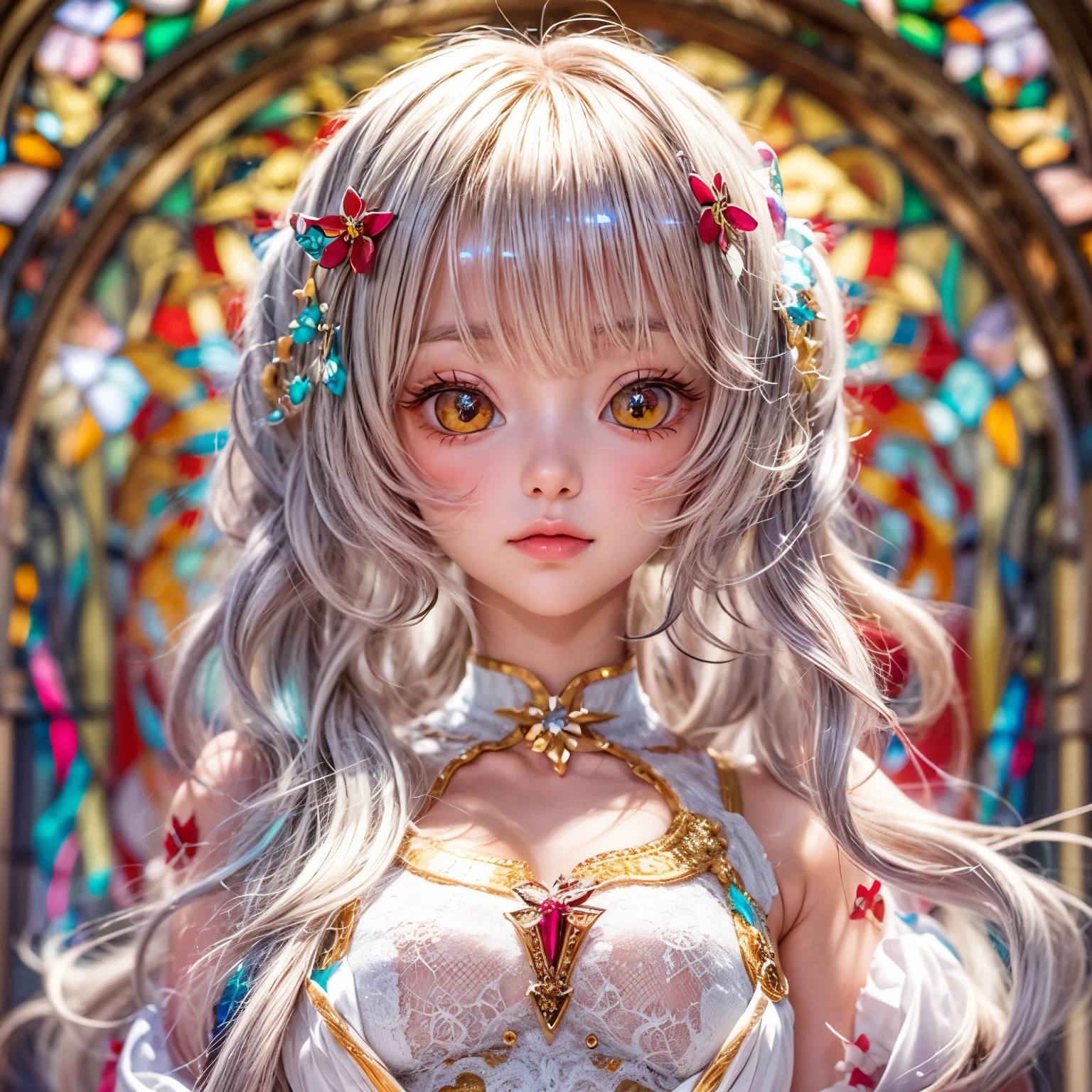 KAWAII girl in ((WHITE loose opened Uniform)), with Glossy RED lips, (Exposed:0.7), (nipple:-1), { Extremely closeup | Dynamic-angle }, ((Dazzling stained glass Background)), (( colorful Light pours down from stunning elaborate stained glass:1.2)), vivid Red colors . ((Acutance:0.8, physically-based 3D rendering with Volumetric lighting)), (masterpiece:1.2) of professional Analog photo with Hasselblad open aperture, (8K, ultra-detailed:1.35), (realistic, photorealistic, ((photo-realistic:1.37))with touch of rawness) . ((Renbutsu Misako)), (Extremely detailed KAWAII face variations, with Dynamic expressions), (detailed eyes with sparkling highlights), captivating gaze, long eyelashes, subtle blush on the face, rosy cheeks, impeccable ivory skin texture . { full of flowers covering girl's body | Mystic sight | God rays | haze | Light Particle | Luminous Particle | Lens Flare | A Halo in the air | Overflowing underboob | Button Undoned } . (((Large eyes:-0.9))) .