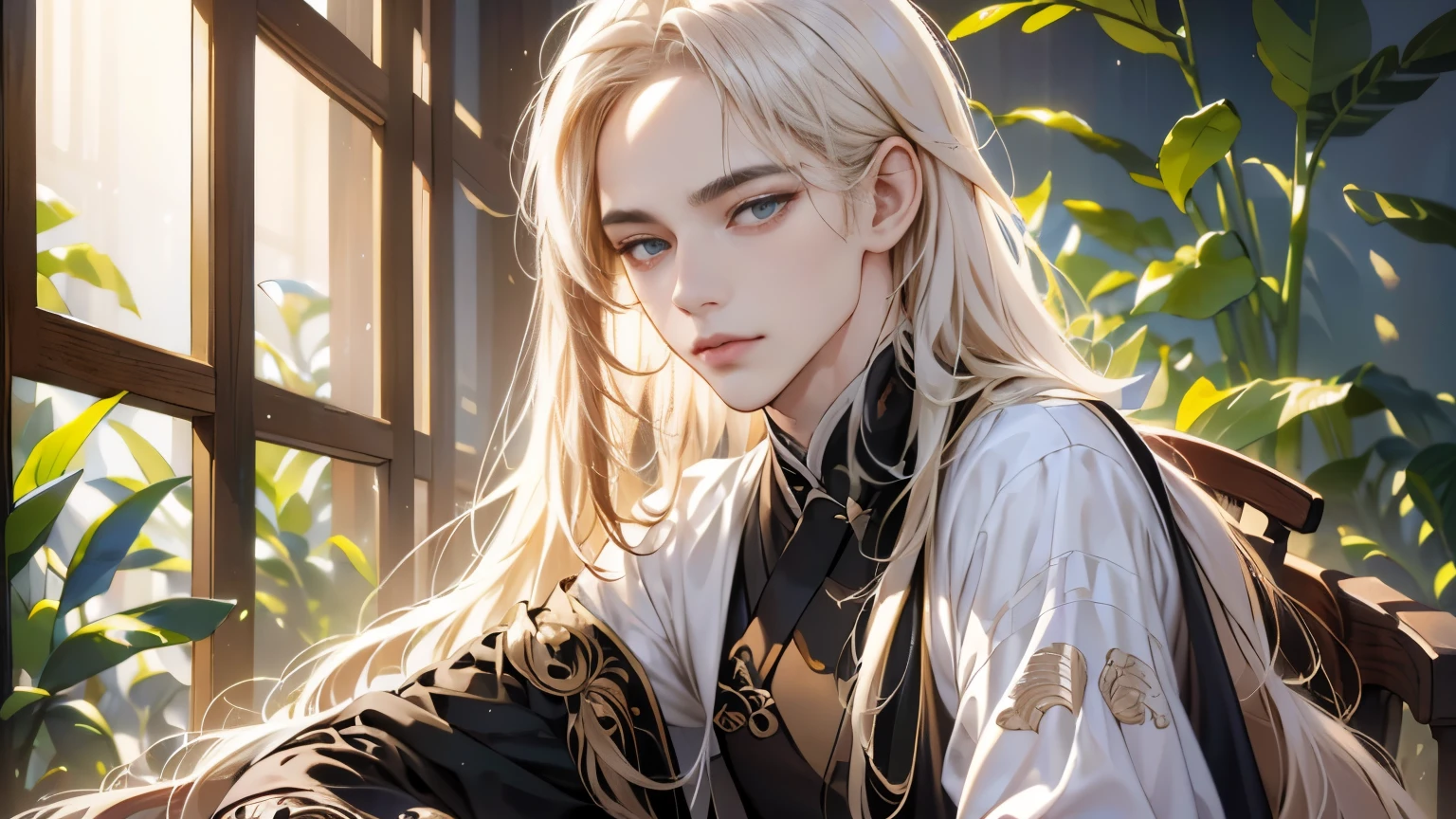 (original photo:1.2), (lifelike:1.4), (A handsome man:1.4),long white hair，messy hair，Hanfu, sword，rain，bamboo，Bamboo chair，Tang Dynasty，The eyes and face are very detailed, Beautiful and delicate eyes, whole body, 4K resolution, High quality model, high detail, HD, There is light on the face, Cinema lighting  