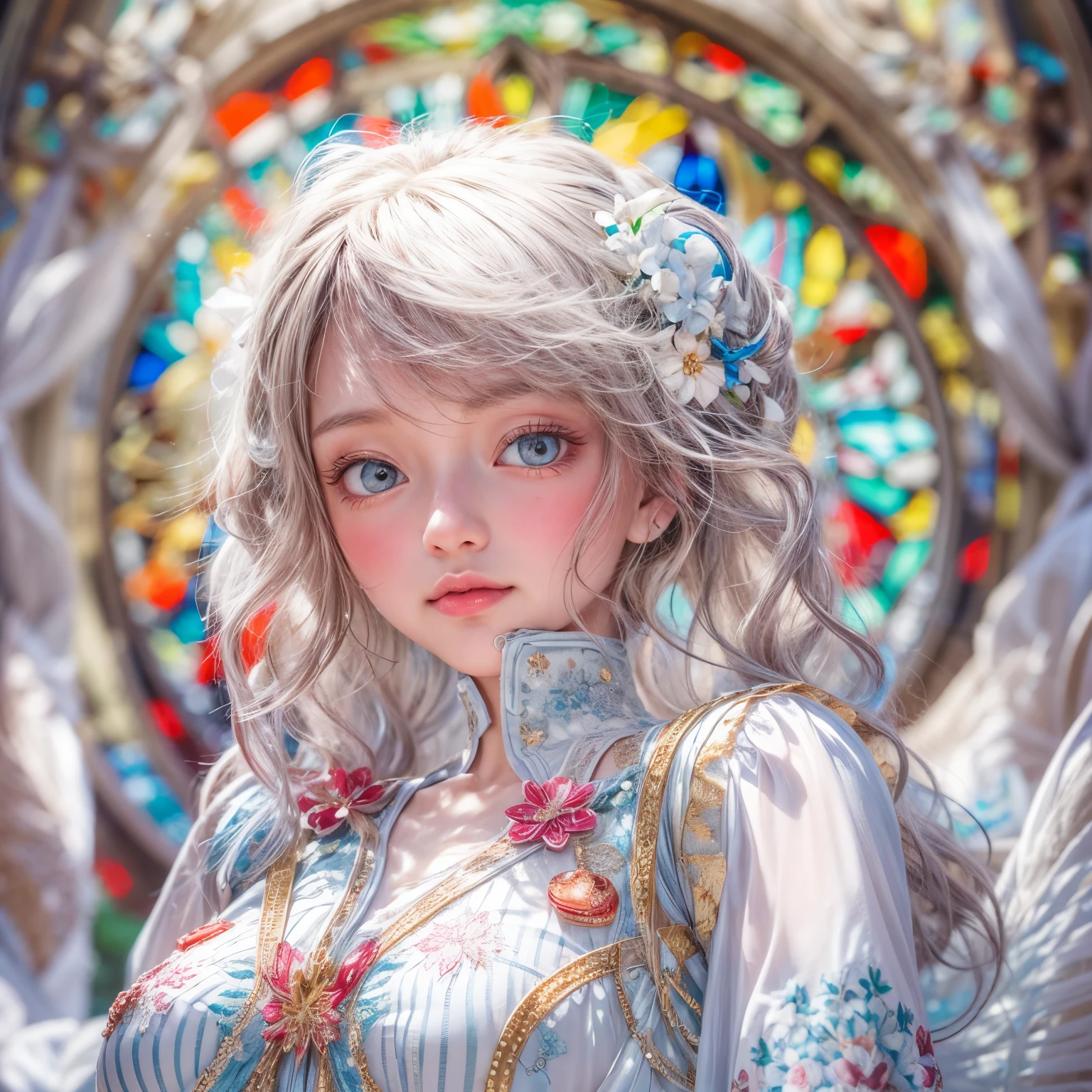 KAWAII girl in ((WHITE loose opened Uniform)), with Glossy RED lips, (Exposed:0.7), (nipple:-1), { Extremely closeup | Dynamic-angle }, ((Dazzling stained glass Background)), (( colorful Light pours down from stunning elaborate stained glass:1.2)), vivid Red colors . ((Acutance:0.8, physically-based 3D rendering with Volumetric lighting)), (masterpiece:1.2) of professional Analog photo with Hasselblad open aperture, (8K, ultra-detailed:1.35), (realistic, photorealistic, ((photo-realistic:1.37))with touch of rawness) . ((Renbutsu Misako)), (Extremely detailed KAWAII face variations, with Dynamic expressions), (detailed eyes with sparkling highlights), captivating gaze, long eyelashes, subtle blush on the face, rosy cheeks, impeccable ivory skin texture . { full of flowers covering girl's body | Mystic sight | God rays | haze | Light Particle | Luminous Particle | Lens Flare | A Halo in the air | Overflowing underboob | Button Undoned } . (((Large eyes:-0.9))) .