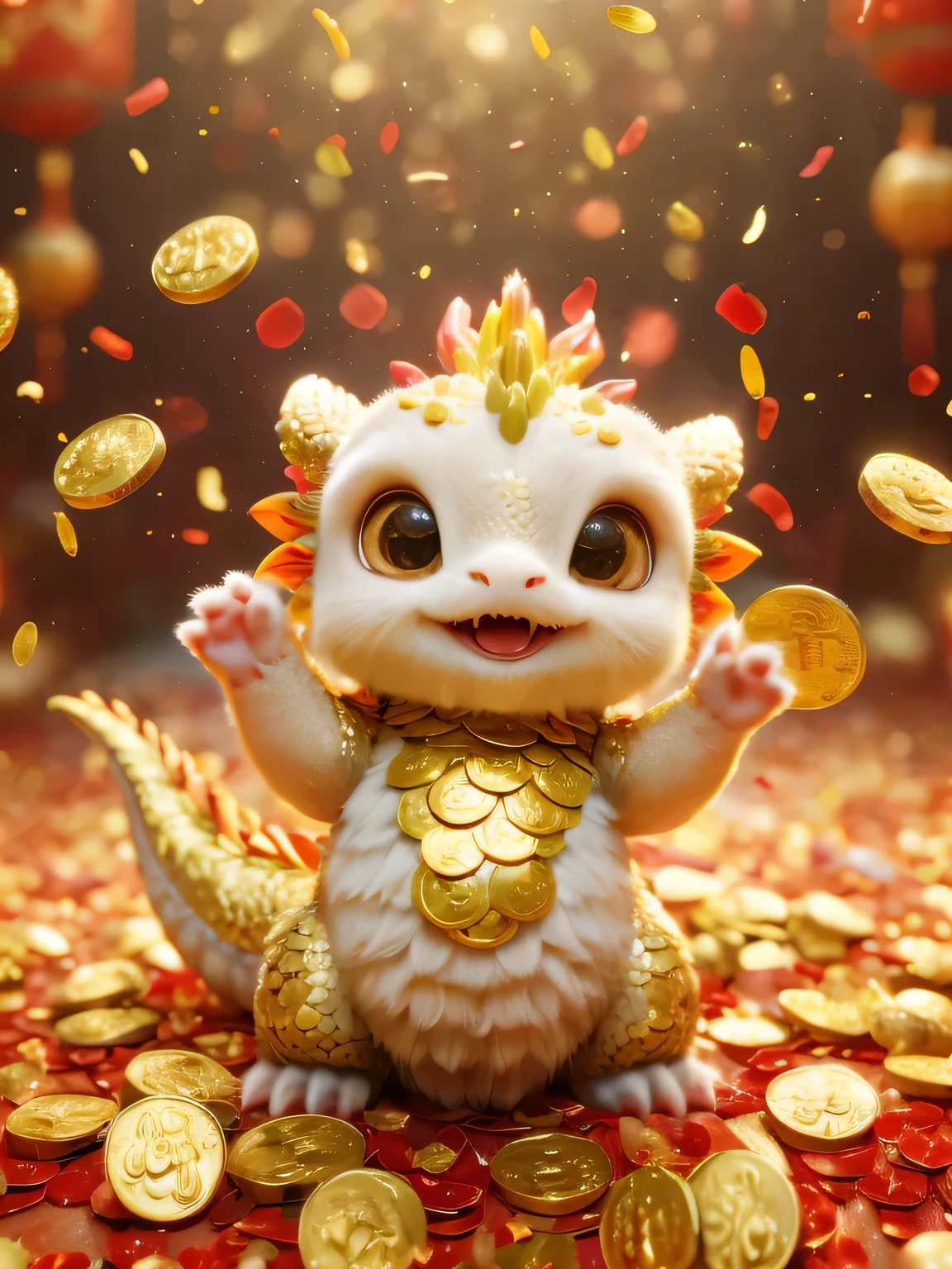 there is a small white cat with gold coins in its mouth, cute little dragon, cute detailed digital art, adorable digital painting, 8k high quality detailed art, newly hatched dragon, cute 3 d render, trending on cgstation, shui mo hua, loong, 🌺 cgsociety, golden dragon, cgsociety ), wojtek fus, trending in cgsociety