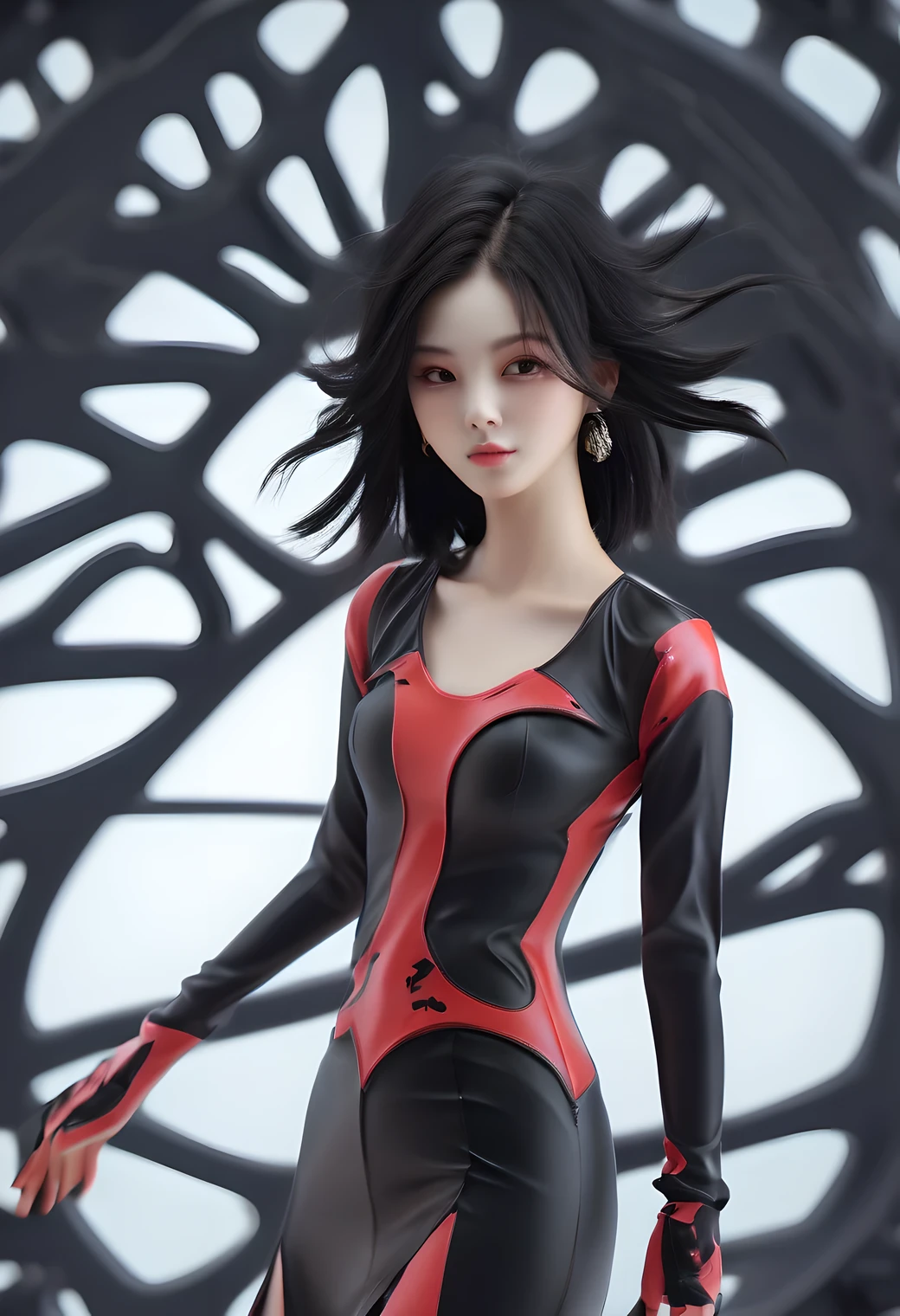(masterpiece, best quality:1.2), 1 beautiful chinese girl, solo,smill,fullbody shoot,helllady,((Best quality)), ((Masterpiece)), ((Realistic)),axial symmetry:2, magnificent bloody hell background in scarlet style,black latex,sexy,eye shadow,cruel
