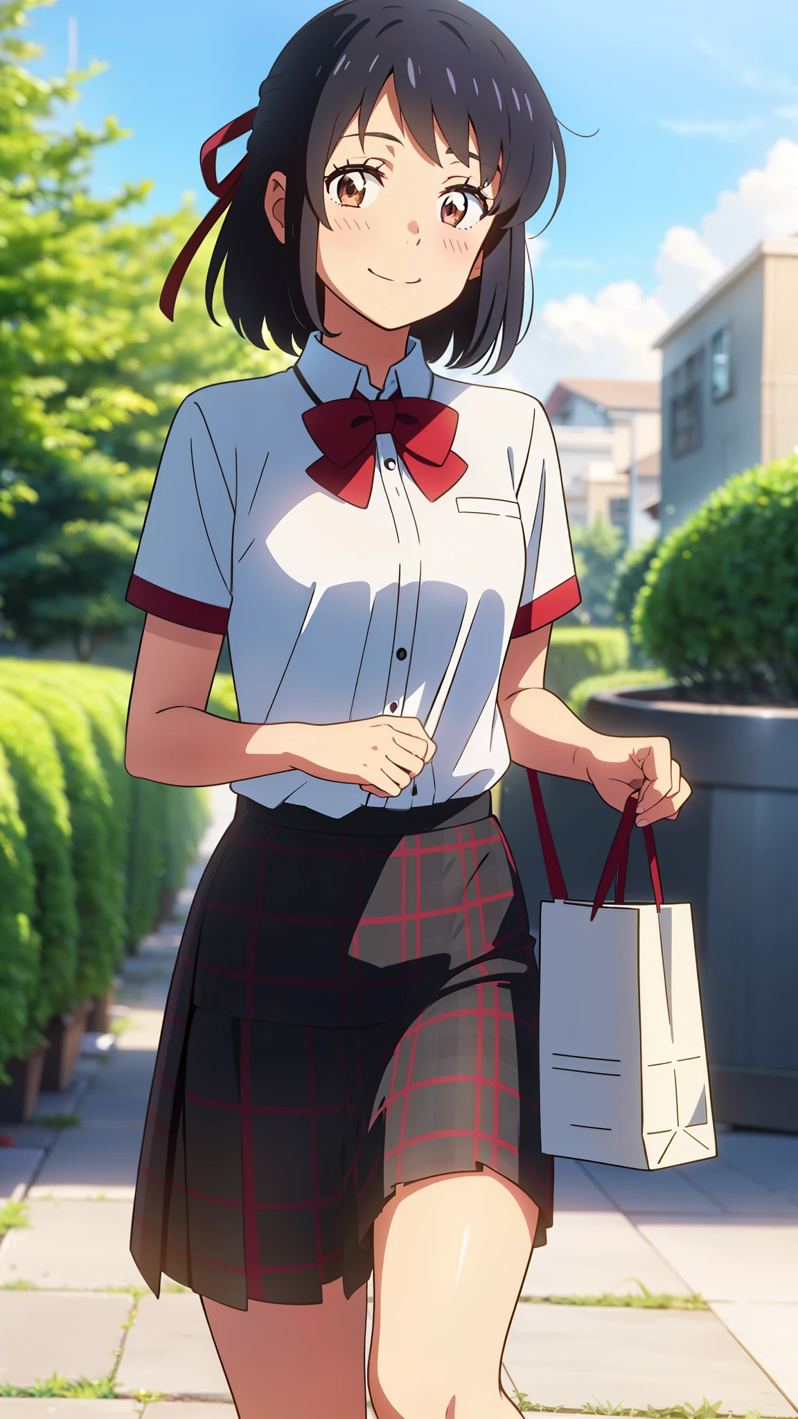 shinkai makoto, kimi no na wa., 1girl, bangs, black hair, blush, brown eyes, red headband, red bow, red ribbon, Everyday clothes, Fashionable clothes, black plaid skirt, short sleeves, short hair, smile, cute, solo, looking at viewer, Holiday Afternoon, enjoying shopping, beautiful sky